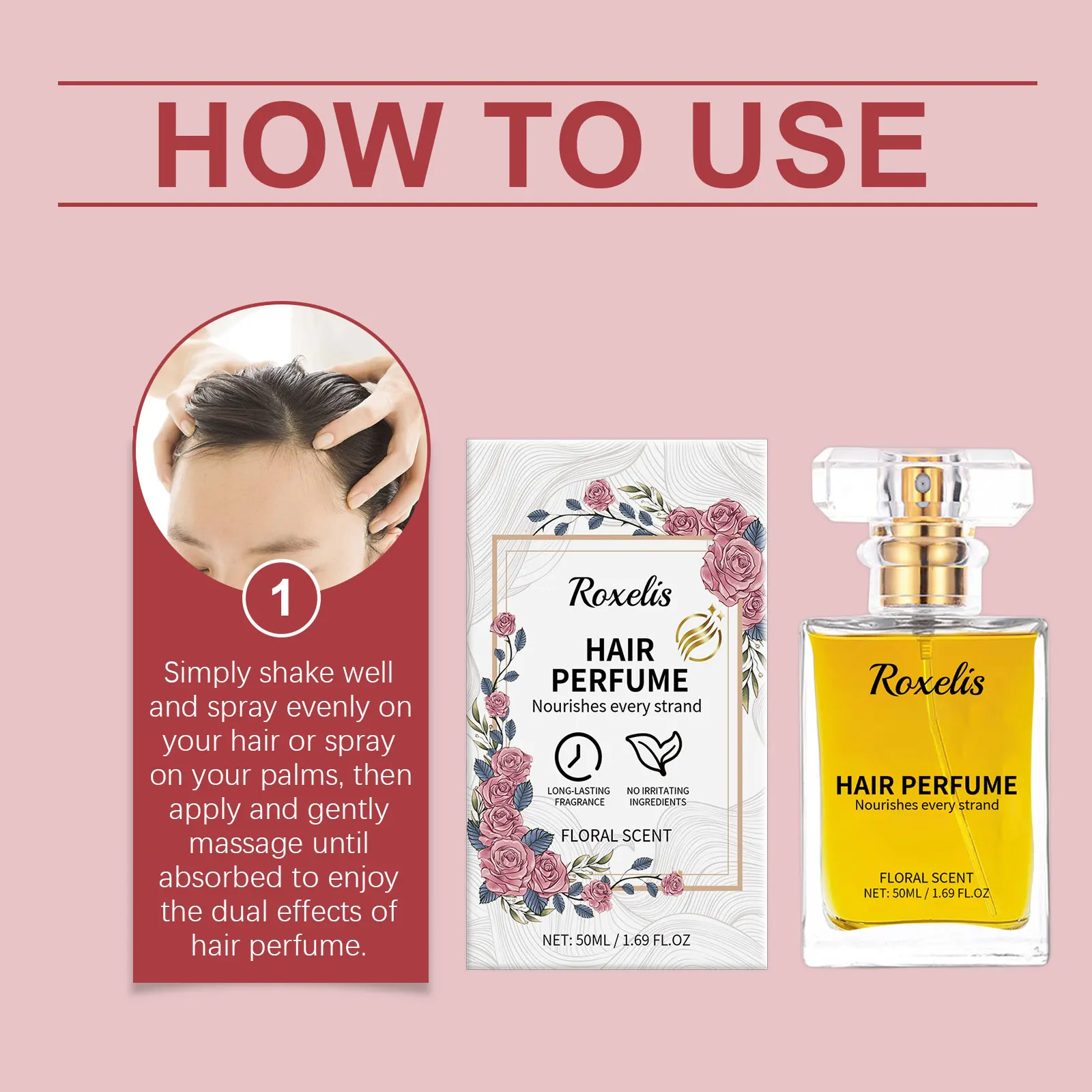 Roxelis 50ml Freshing Floral Perfume Hair Essential Oil Lasting Fragrance Charming Scent Nourish Repair Curly Dry Hair Perfume