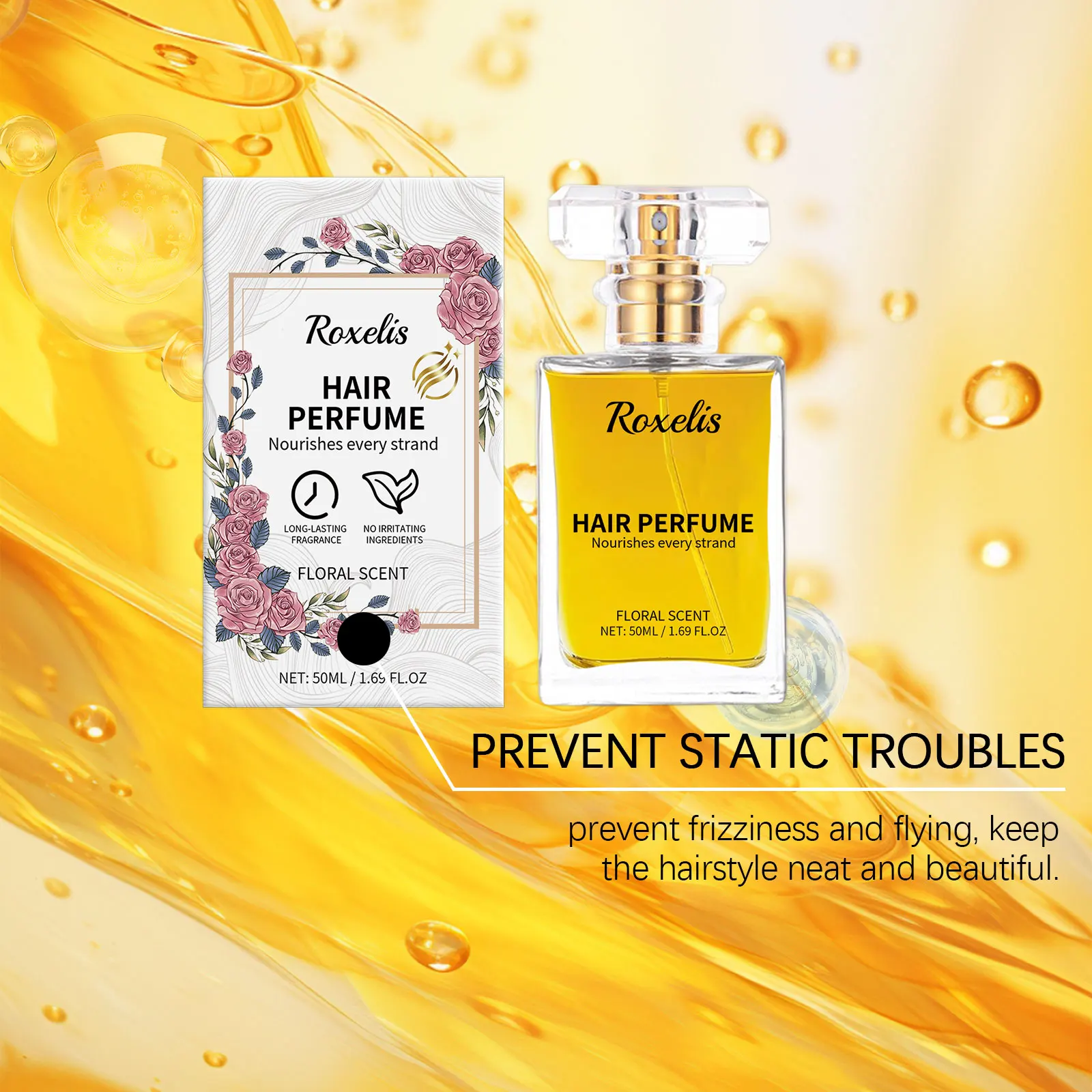 Roxelis 50ml Freshing Floral Perfume Hair Essential Oil Lasting Fragrance Charming Scent Nourish Repair Curly Dry Hair Perfume