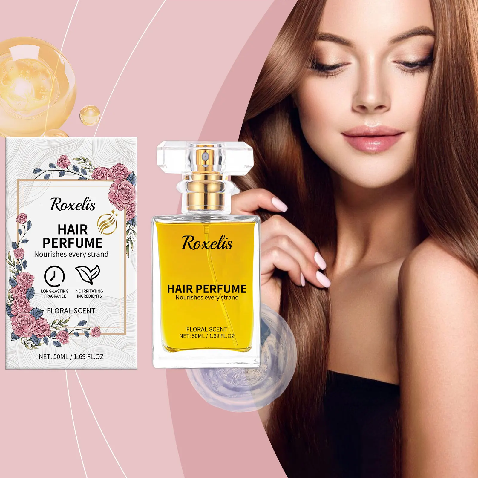 Roxelis 50ml Freshing Floral Perfume Hair Essential Oil Lasting Fragrance Charming Scent Nourish Repair Curly Dry Hair Perfume