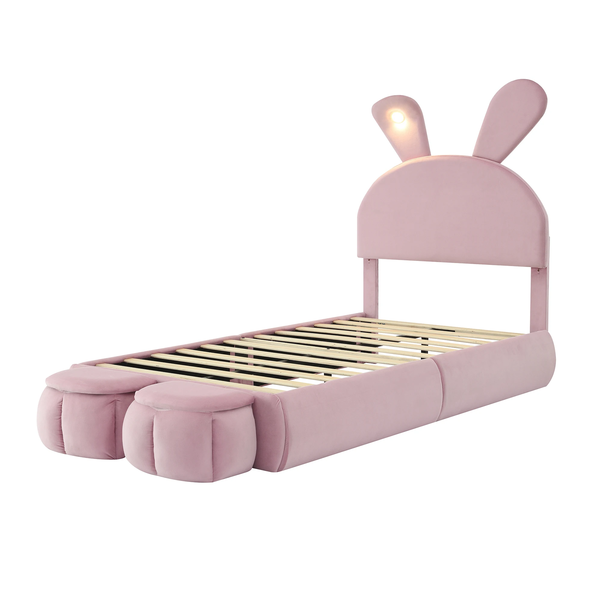 Children's Bed 90x200cm Upholstered Single Bed with Wooden Slats,Two Storage Stools,Rabbit Ear Design with LED Light,Velvet
