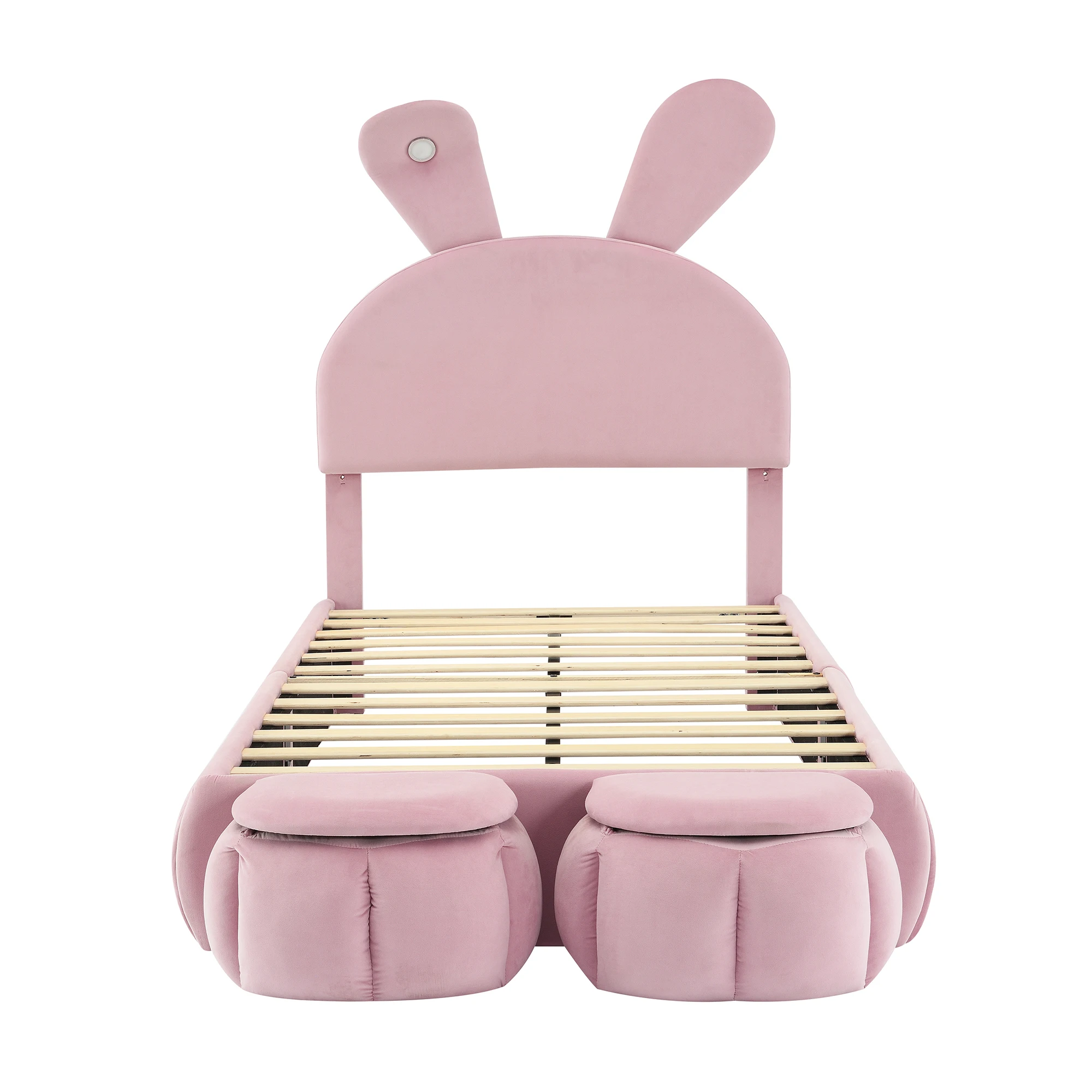Children's Bed 90x200cm Upholstered Single Bed with Wooden Slats,Two Storage Stools,Rabbit Ear Design with LED Light,Velvet