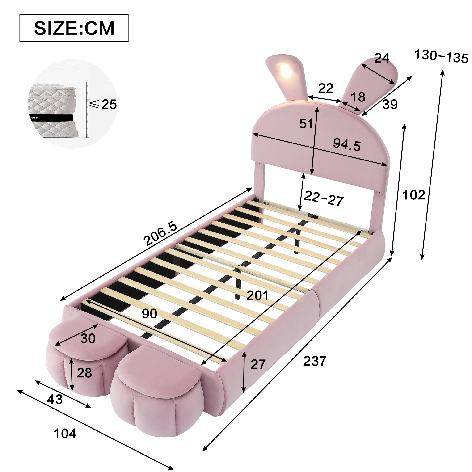Children's Bed 90x200cm Upholstered Single Bed with Wooden Slats,Two Storage Stools,Rabbit Ear Design with LED Light,Velvet