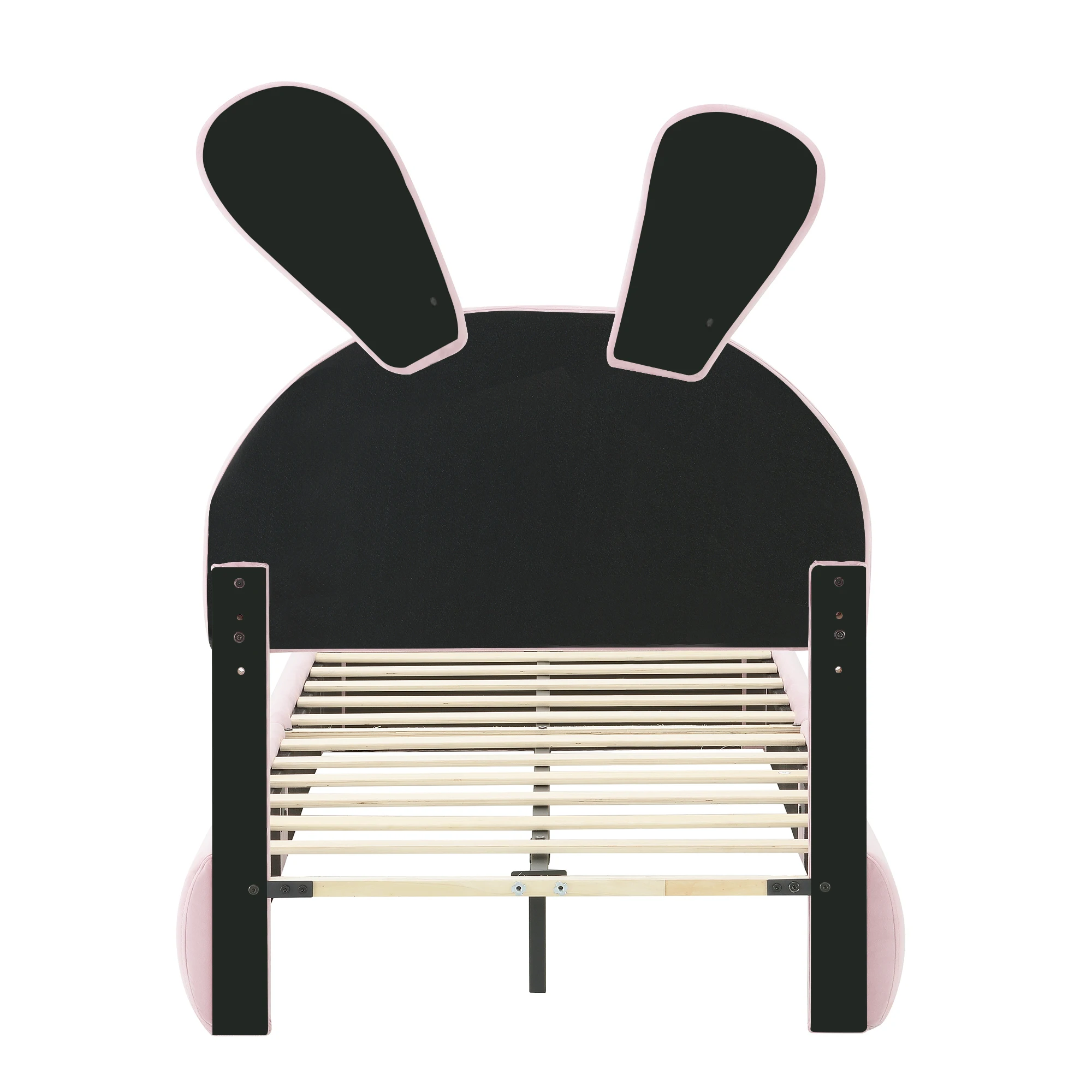 Children's Bed 90x200cm Upholstered Single Bed with Wooden Slats,Two Storage Stools,Rabbit Ear Design with LED Light,Velvet