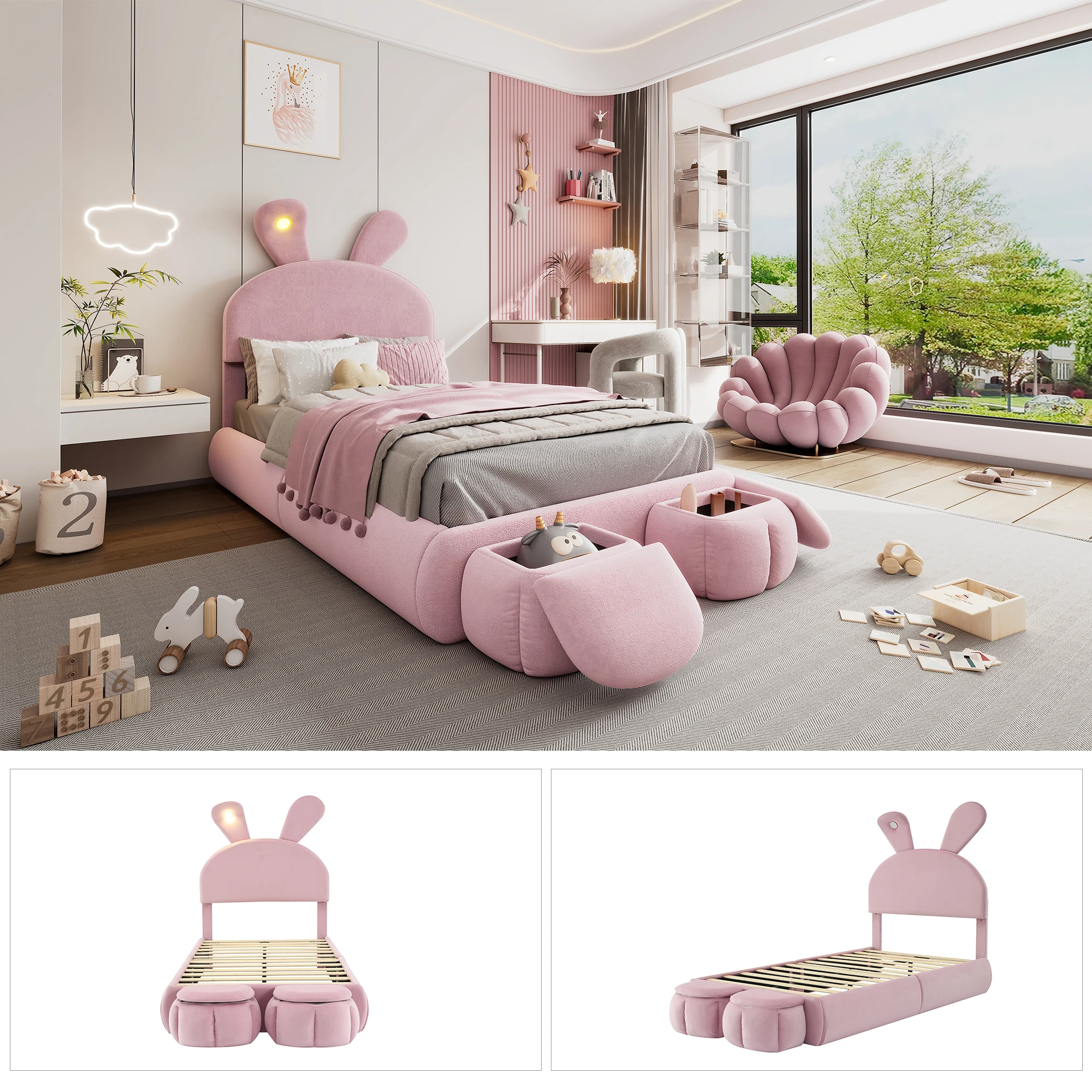 Children's Bed 90x200cm Upholstered Single Bed with Wooden Slats,Two Storage Stools,Rabbit Ear Design with LED Light,Velvet