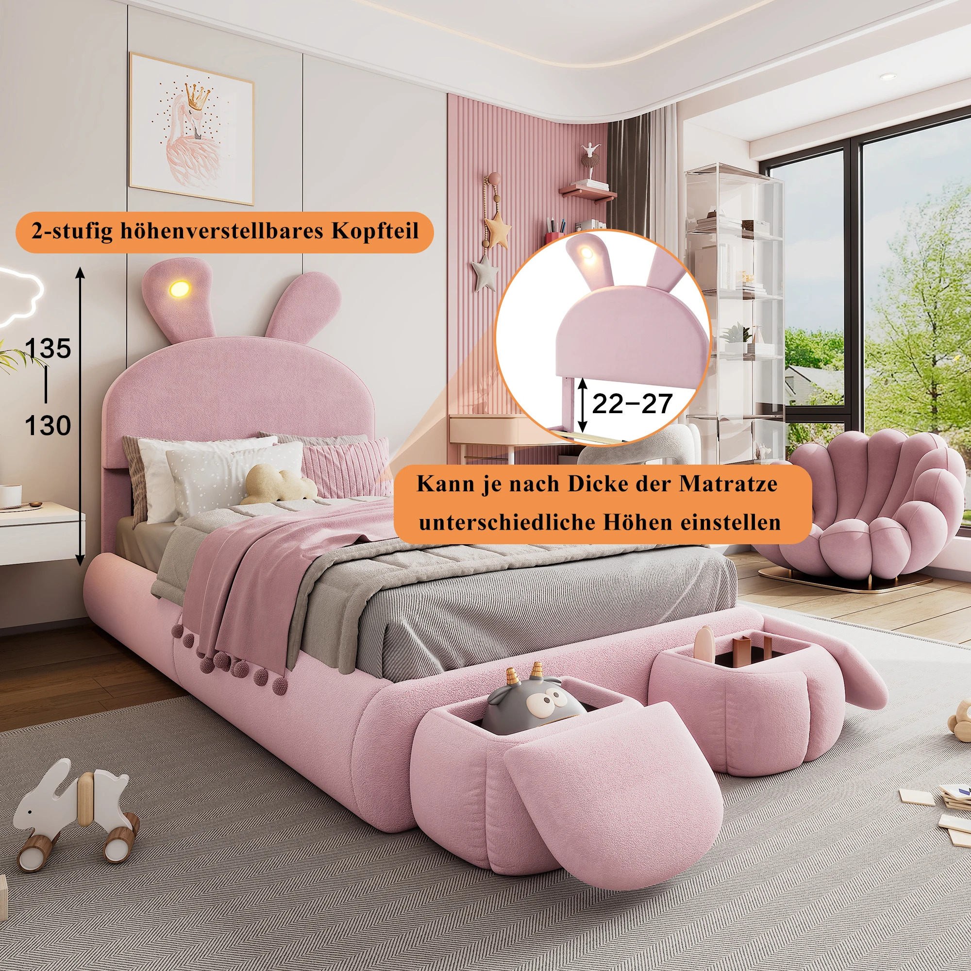 Children's Bed 90x200cm Upholstered Single Bed with Wooden Slats,Two Storage Stools,Rabbit Ear Design with LED Light,Velvet