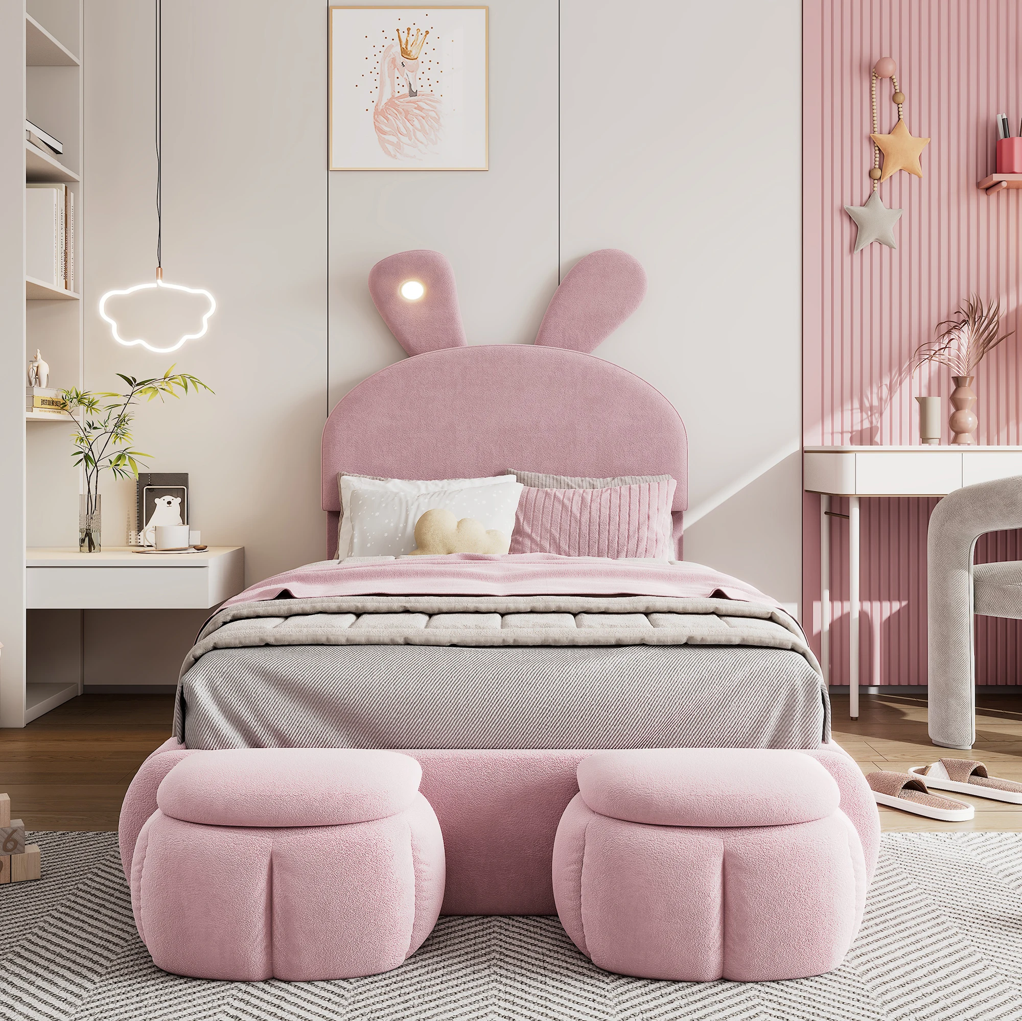 Children's Bed 90x200cm Upholstered Single Bed with Wooden Slats,Two Storage Stools,Rabbit Ear Design with LED Light,Velvet