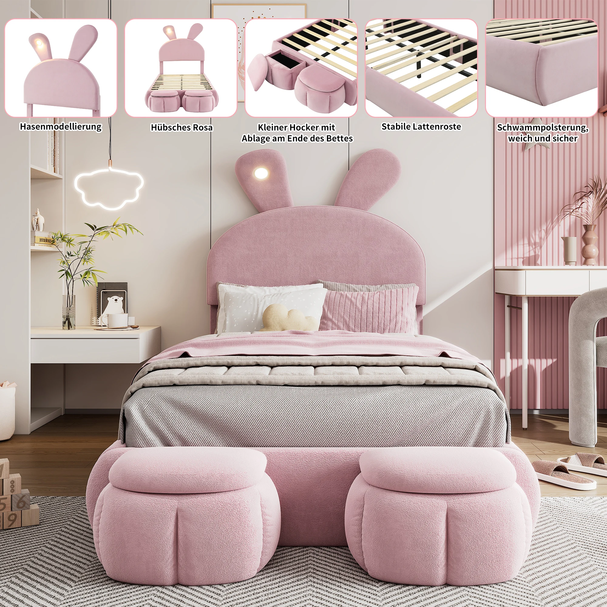 Children's Bed 90x200cm Upholstered Single Bed with Wooden Slats,Two Storage Stools,Rabbit Ear Design with LED Light,Velvet