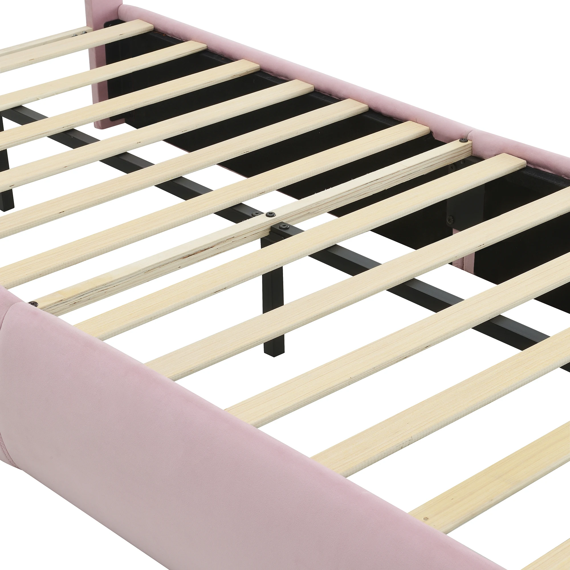 Children's Bed 90x200cm Upholstered Single Bed with Wooden Slats,Two Storage Stools,Rabbit Ear Design with LED Light,Velvet
