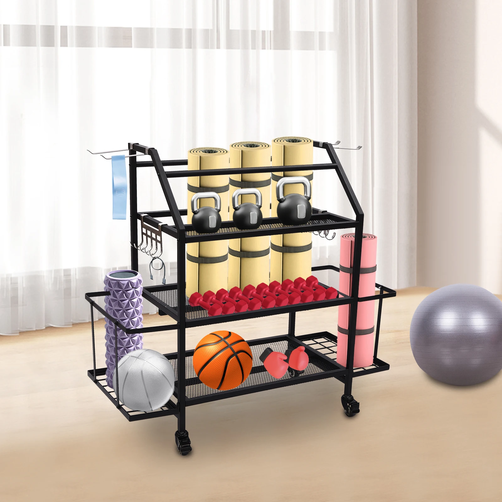 Dumbbell Stand with Three Tiers and Storage Baskets, Steel Construction, 360° Swivel Wheels with Brakes, Ideal for Organizing