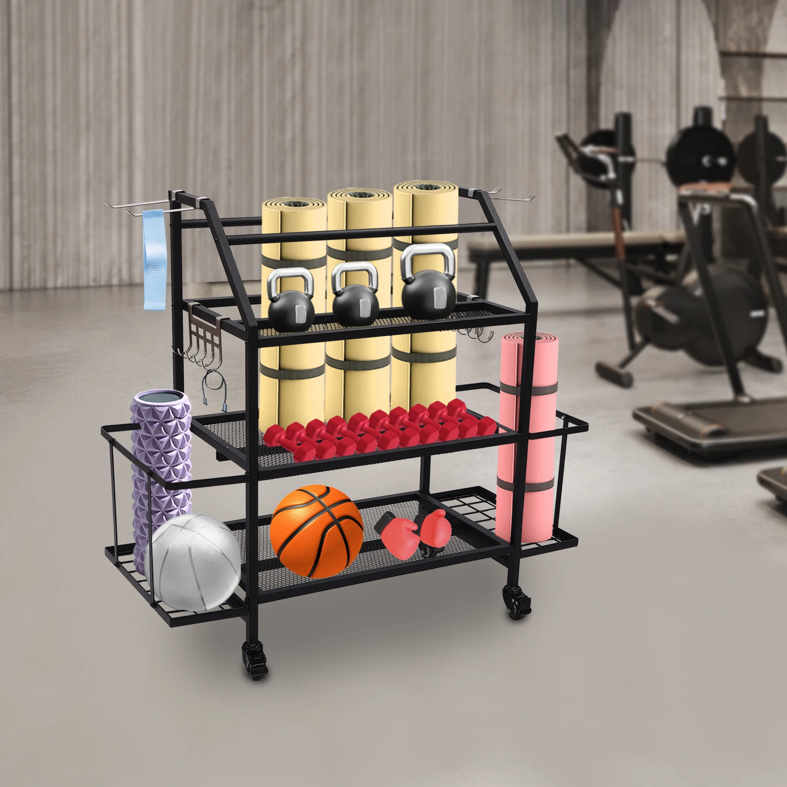 Dumbbell Stand with Three Tiers and Storage Baskets, Steel Construction, 360° Swivel Wheels with Brakes, Ideal for Organizing