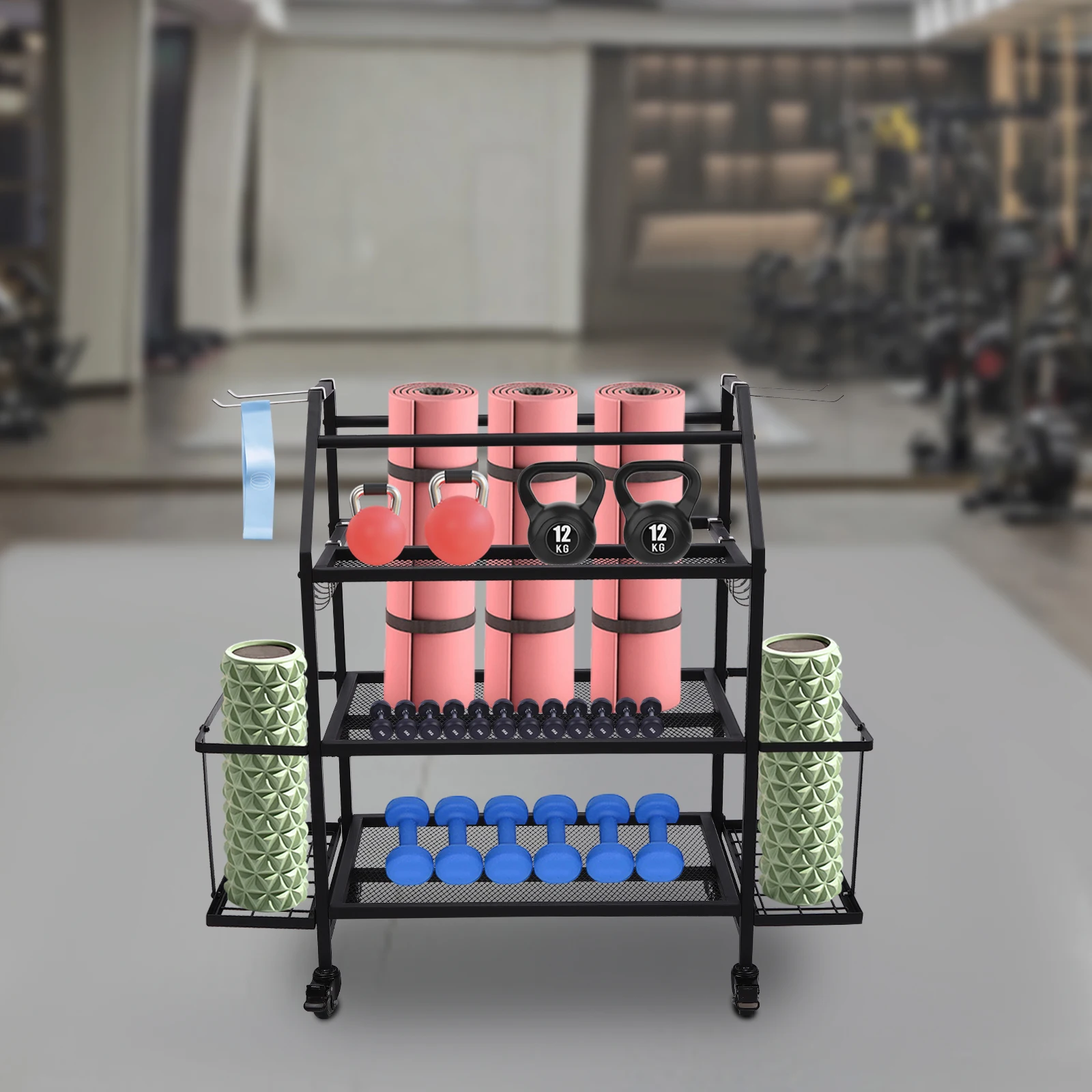 Dumbbell Stand with Three Tiers and Storage Baskets, Steel Construction, 360° Swivel Wheels with Brakes, Ideal for Organizing