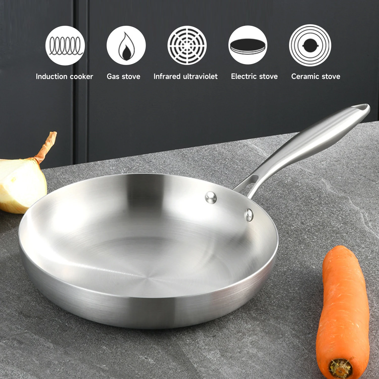 24CM/28CM Frying Pan 304 Stainless Steel 2MM Thick Wok Pan NonStick Pan Fried Steak Pot Uncoated Kitchen Cookware Cooking Pot