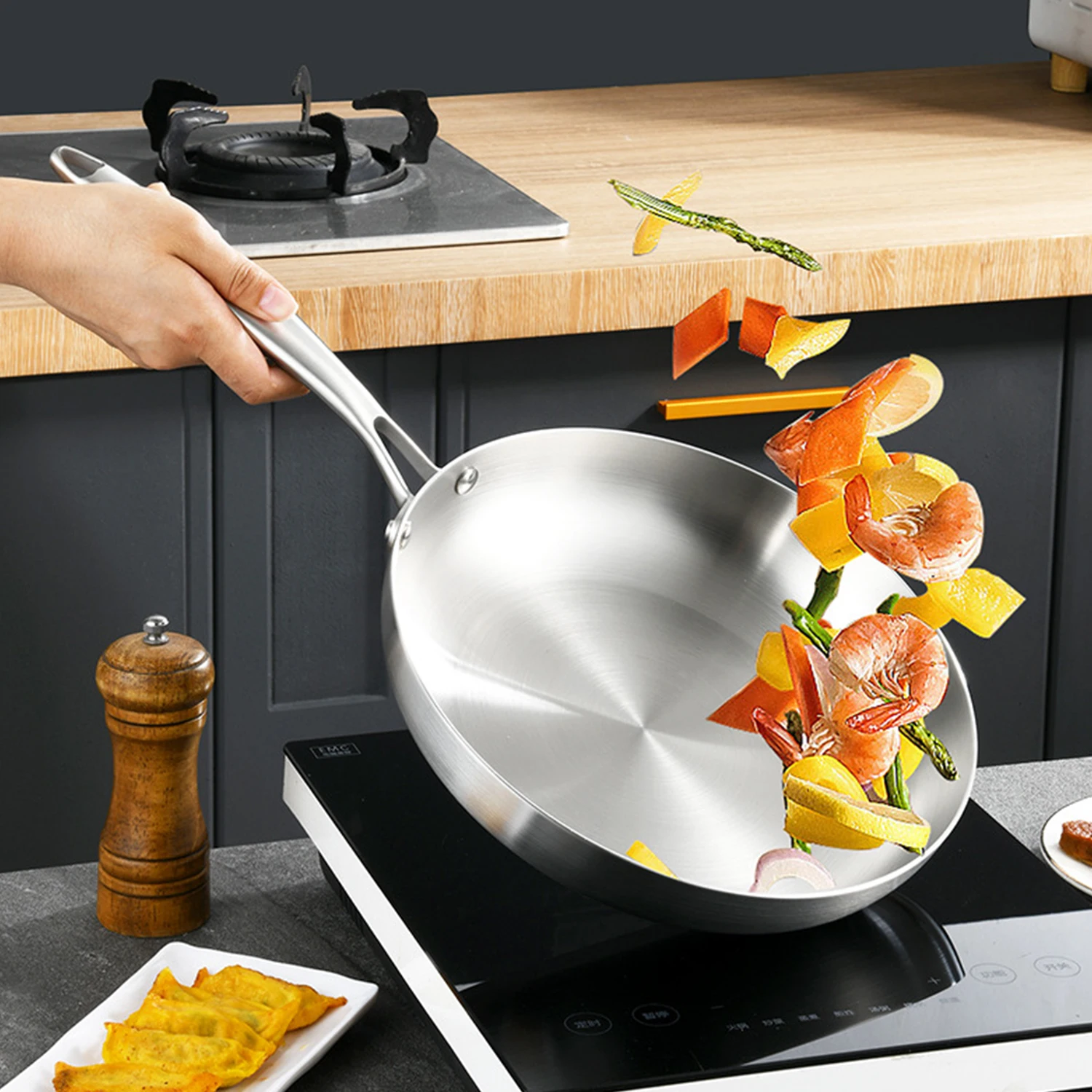 24CM/28CM Frying Pan 304 Stainless Steel 2MM Thick Wok Pan NonStick Pan Fried Steak Pot Uncoated Kitchen Cookware Cooking Pot