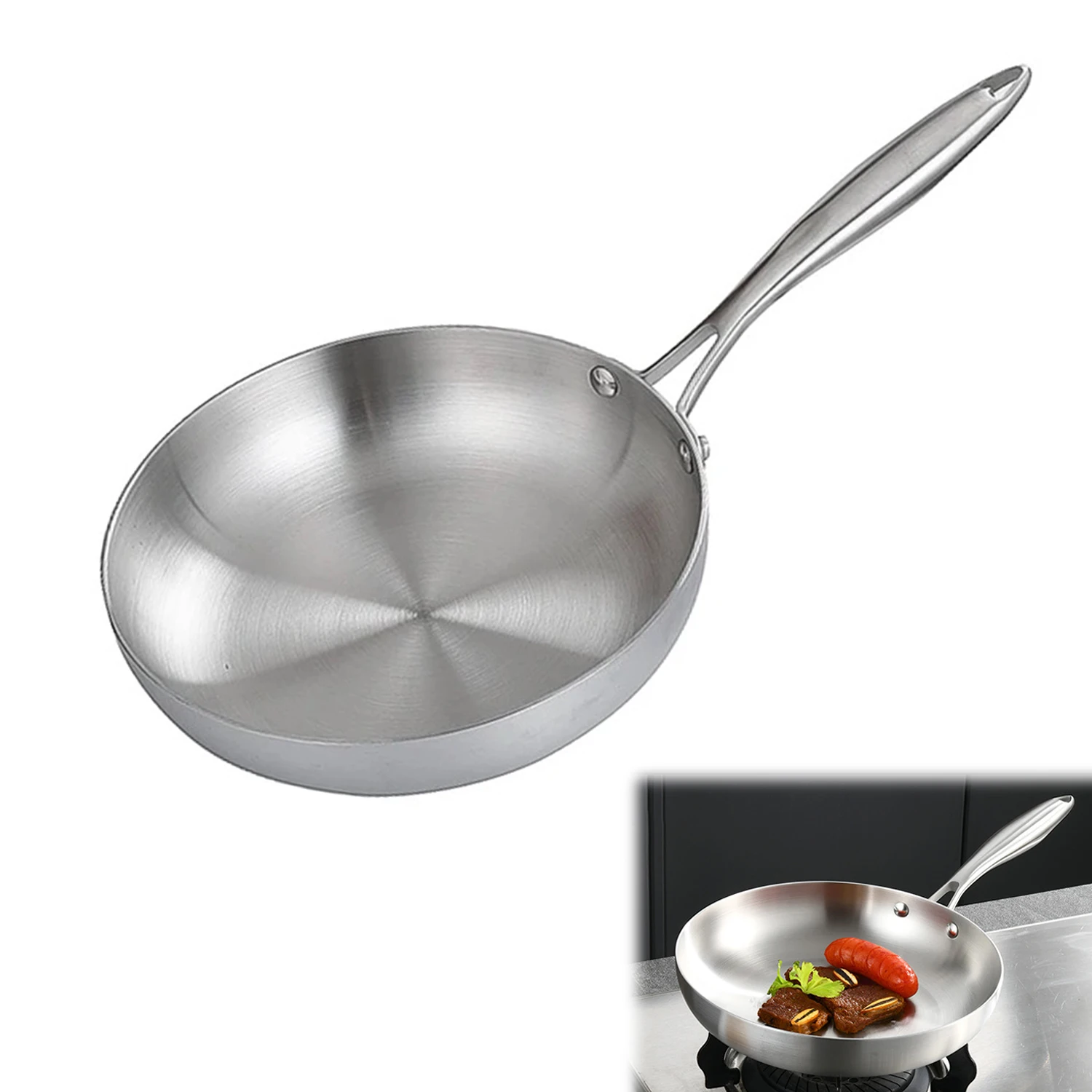 24CM/28CM Frying Pan 304 Stainless Steel 2MM Thick Wok Pan NonStick Pan Fried Steak Pot Uncoated Kitchen Cookware Cooking Pot
