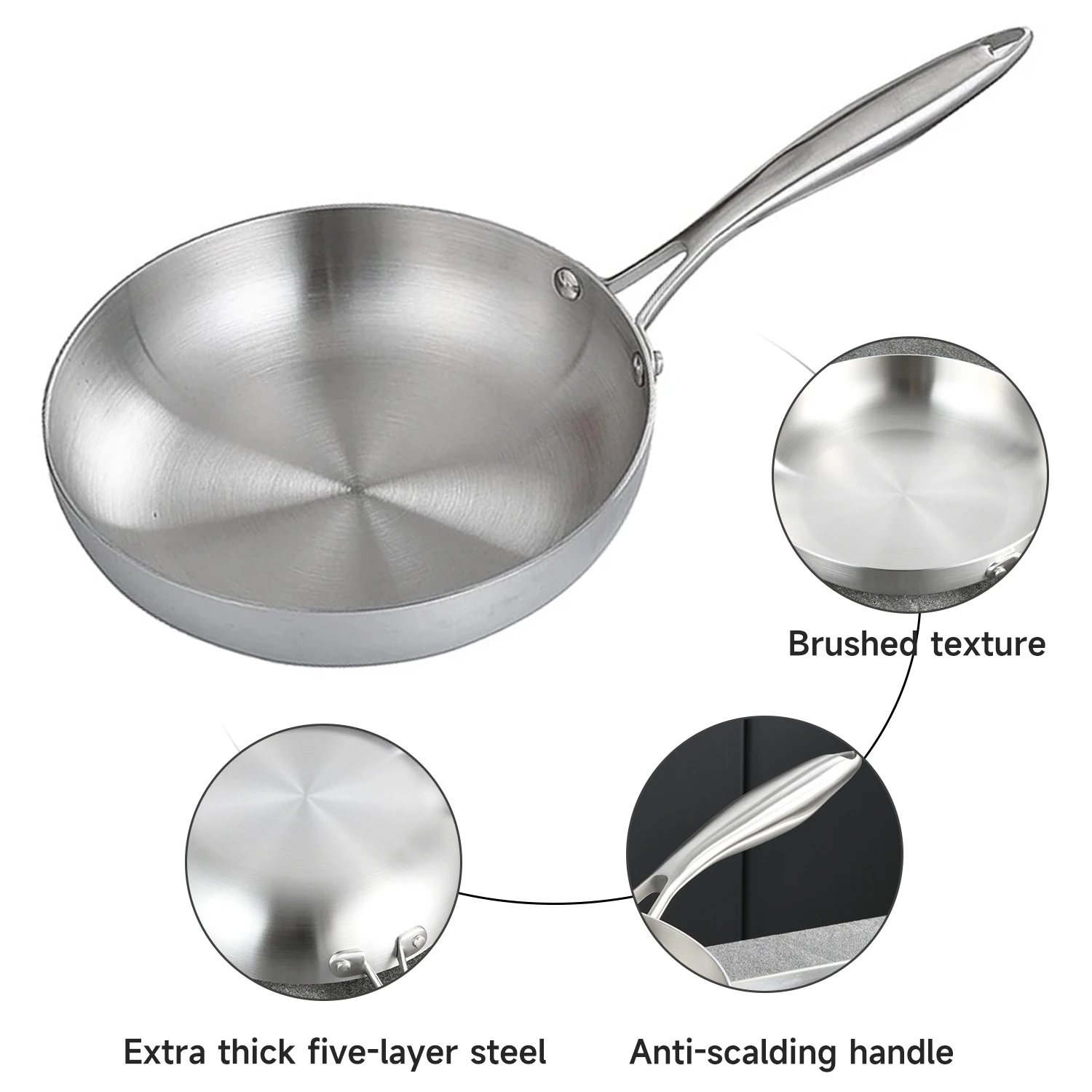 24CM/28CM Frying Pan 304 Stainless Steel 2MM Thick Wok Pan NonStick Pan Fried Steak Pot Uncoated Kitchen Cookware Cooking Pot