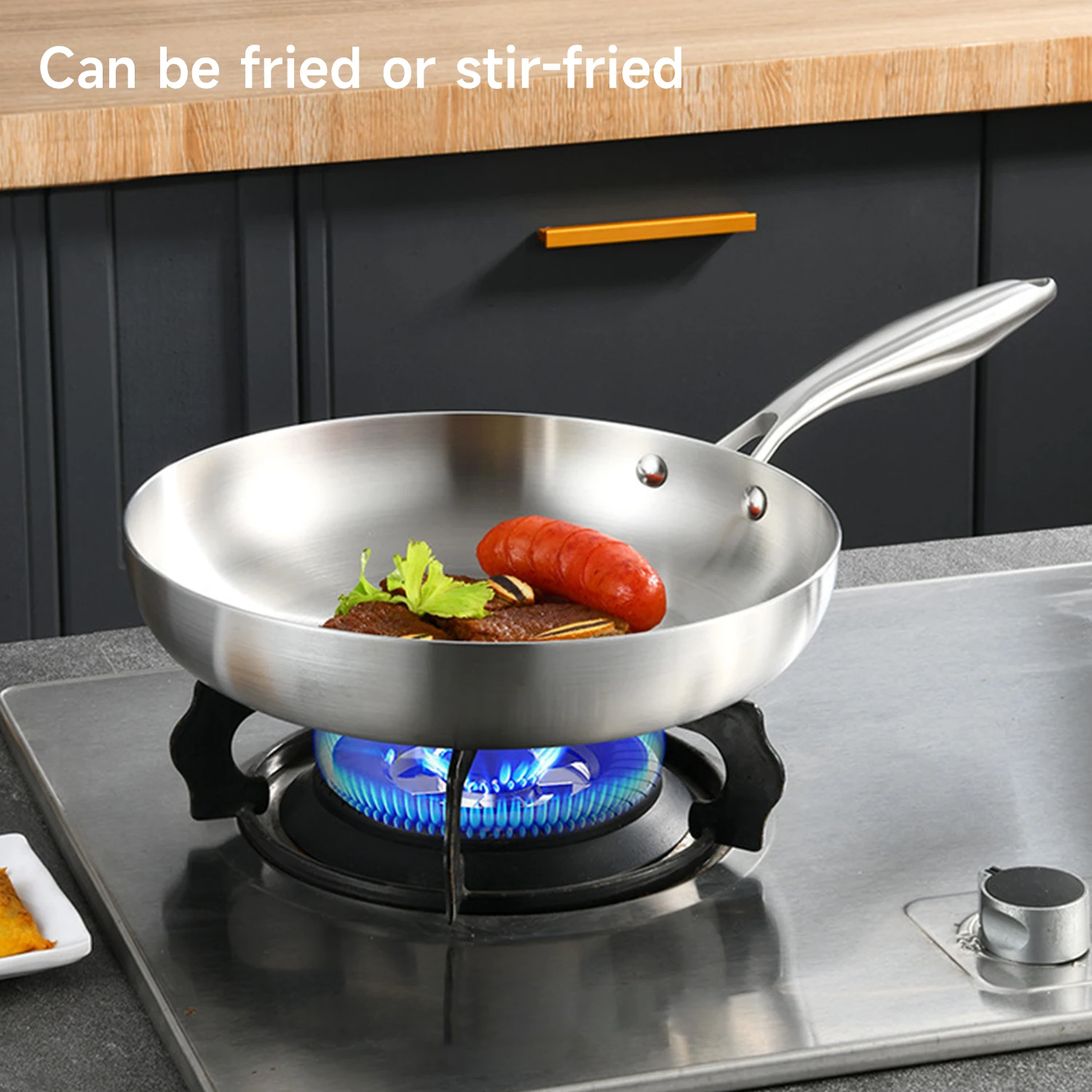 24CM/28CM Frying Pan 304 Stainless Steel 2MM Thick Wok Pan NonStick Pan Fried Steak Pot Uncoated Kitchen Cookware Cooking Pot