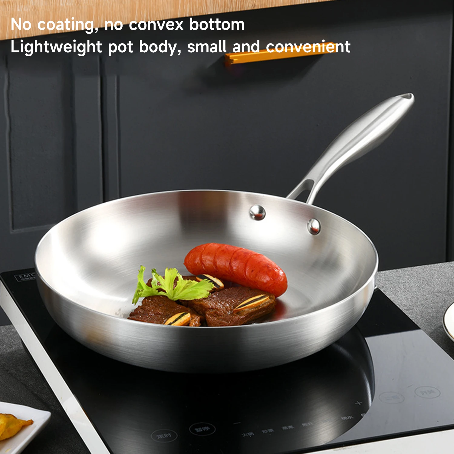 24CM/28CM Frying Pan 304 Stainless Steel 2MM Thick Wok Pan NonStick Pan Fried Steak Pot Uncoated Kitchen Cookware Cooking Pot
