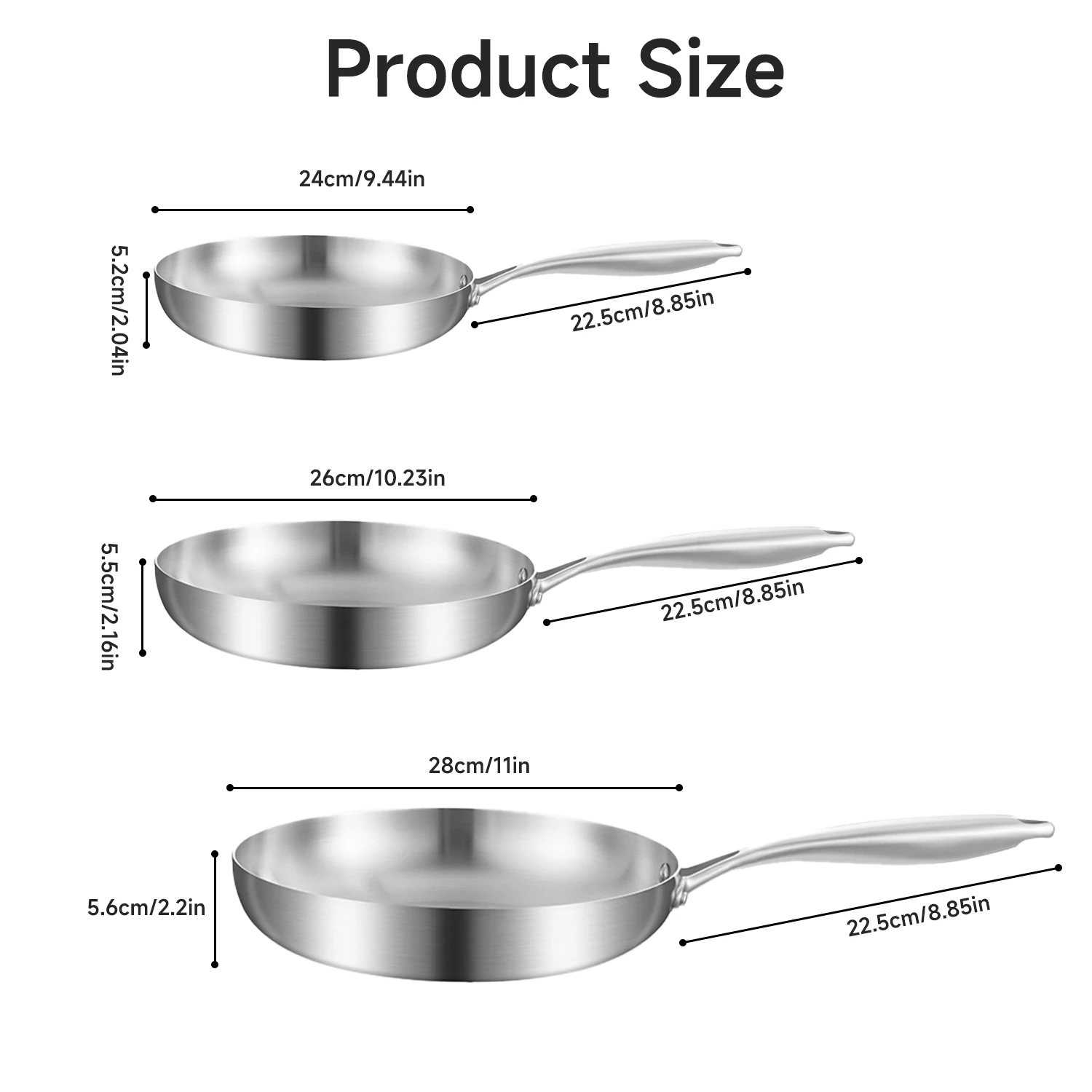 24CM/28CM Frying Pan 304 Stainless Steel 2MM Thick Wok Pan NonStick Pan Fried Steak Pot Uncoated Kitchen Cookware Cooking Pot