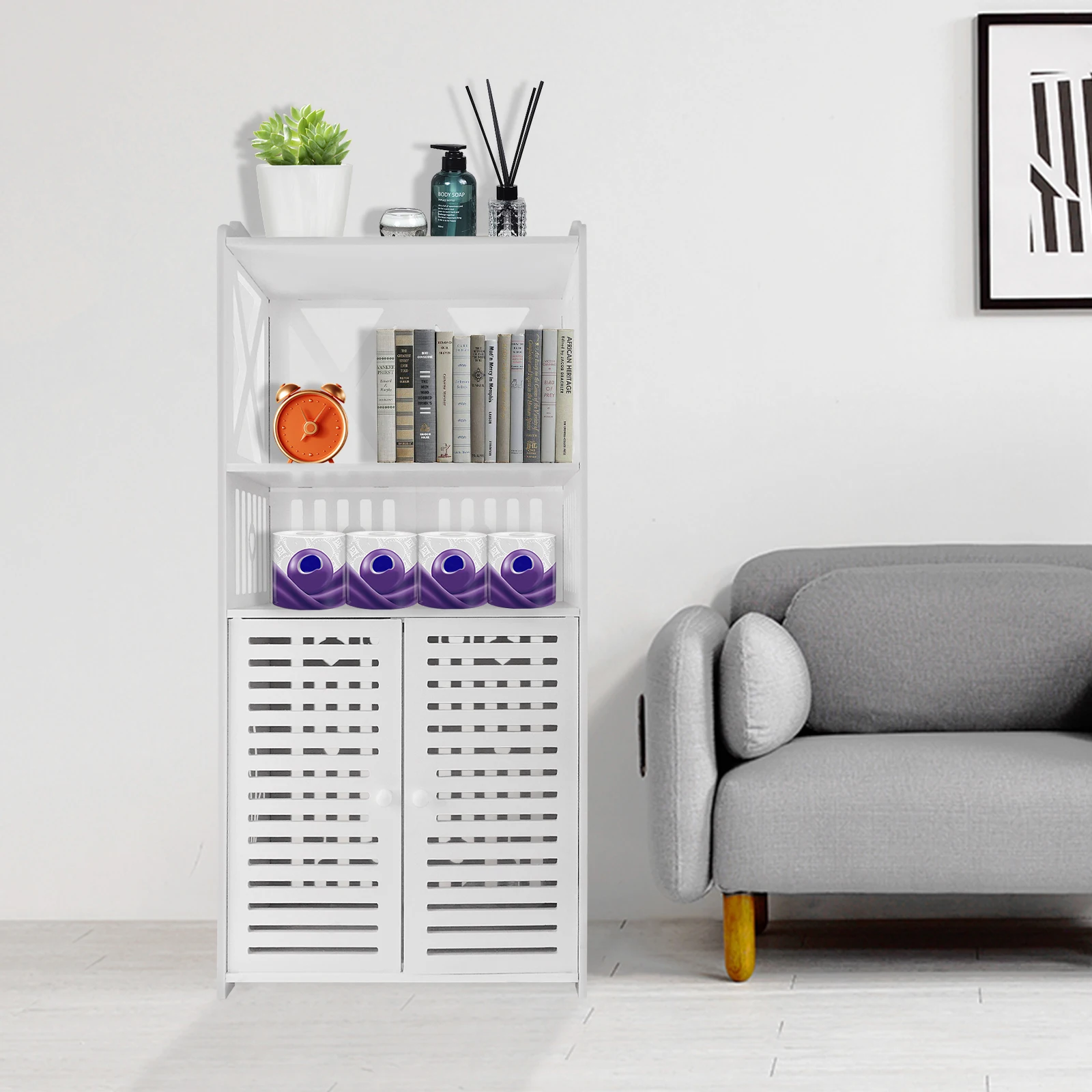 4 Tier Bathroom Cupboard Storage Cabinet Unit with Double Door, PVC Matteri, Tall and Slim, Freestanding, Waterproof, 90x40x25cm