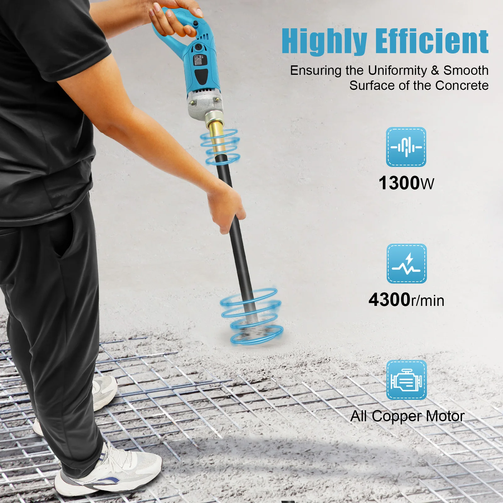 1300W Electric Concrete Vibrator 4000RPM High Power Portable Cement Mixing Tool with All-Copper Motor, 1.5m Rod, 220V for Construction Site Use