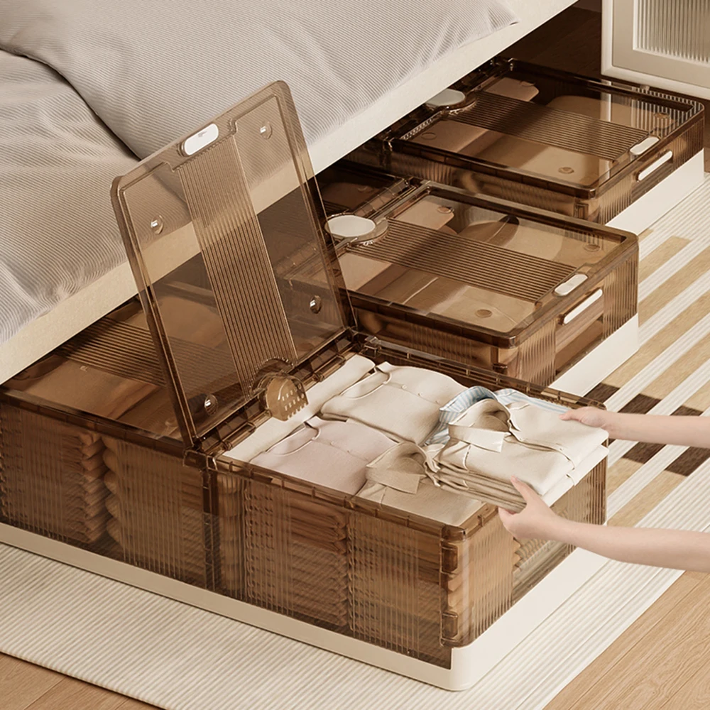 2pcs Bed Bottom Folding Storage Box Plastic Transparent Extra Large Roller Dustproof Storage Box Toy Clothes Quilt Storage Box