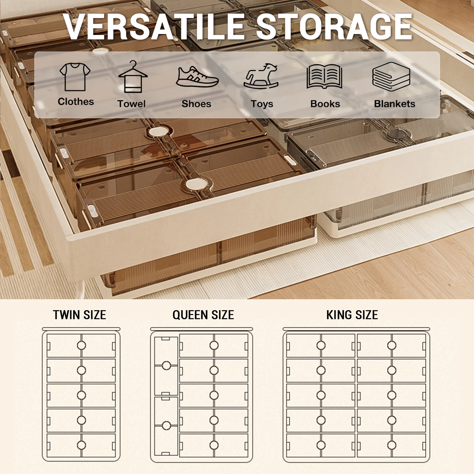 2pcs Bed Bottom Folding Storage Box Plastic Transparent Extra Large Roller Dustproof Storage Box Toy Clothes Quilt Storage Box