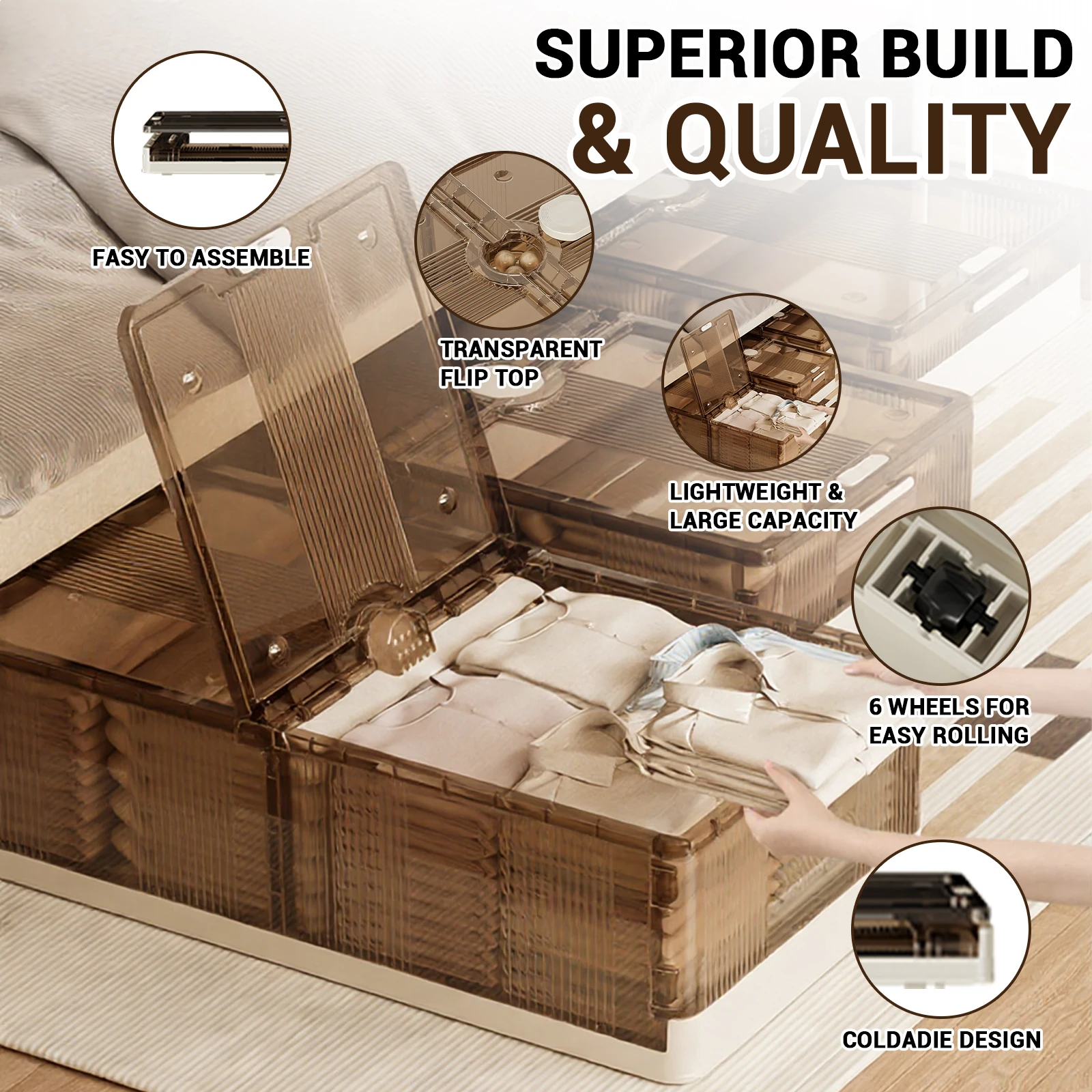 2pcs Bed Bottom Folding Storage Box Plastic Transparent Extra Large Roller Dustproof Storage Box Toy Clothes Quilt Storage Box