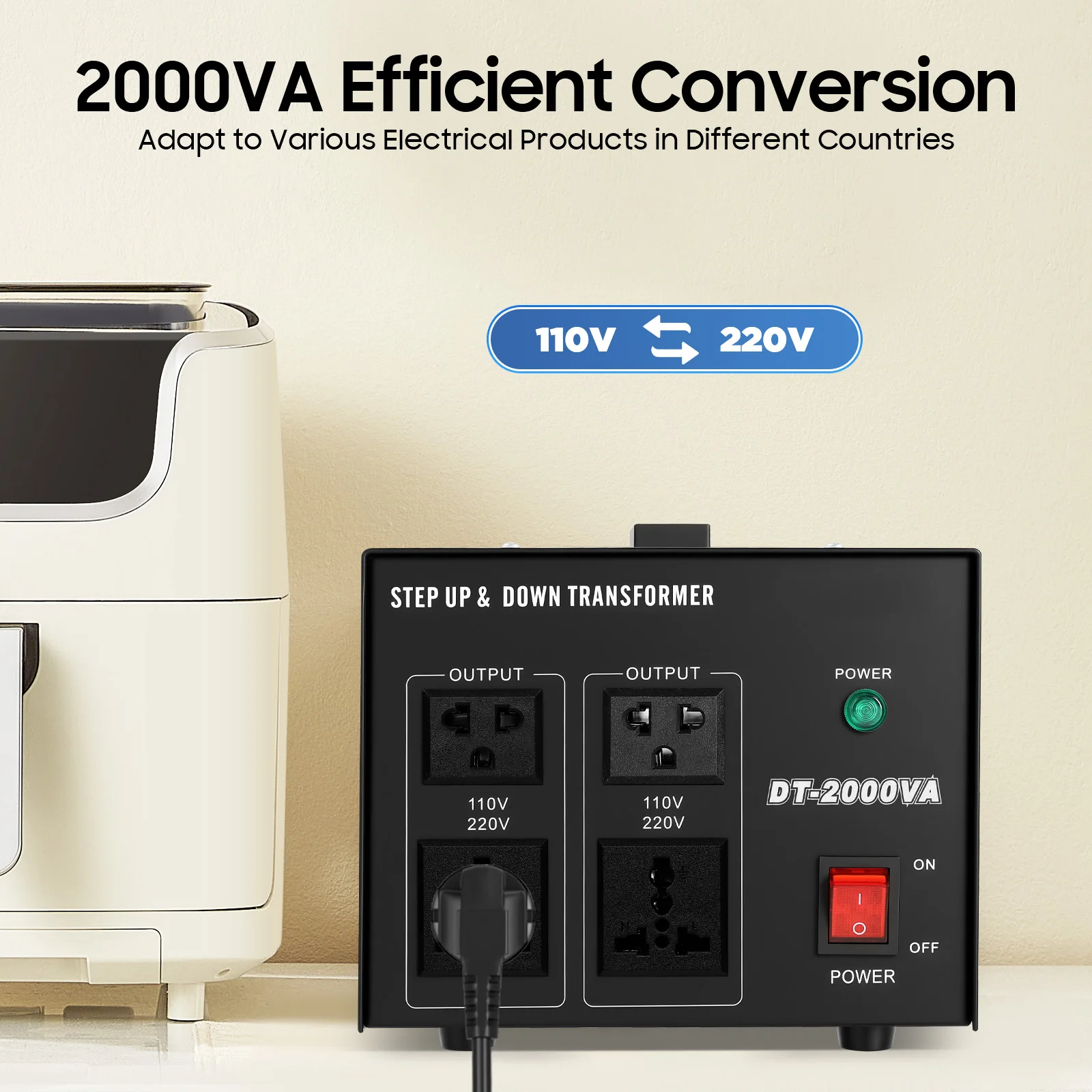 Power Transformers, 2000W 220V/110V Two-way Conversion One-Click Switch Transform Adapter for Imported Appliances