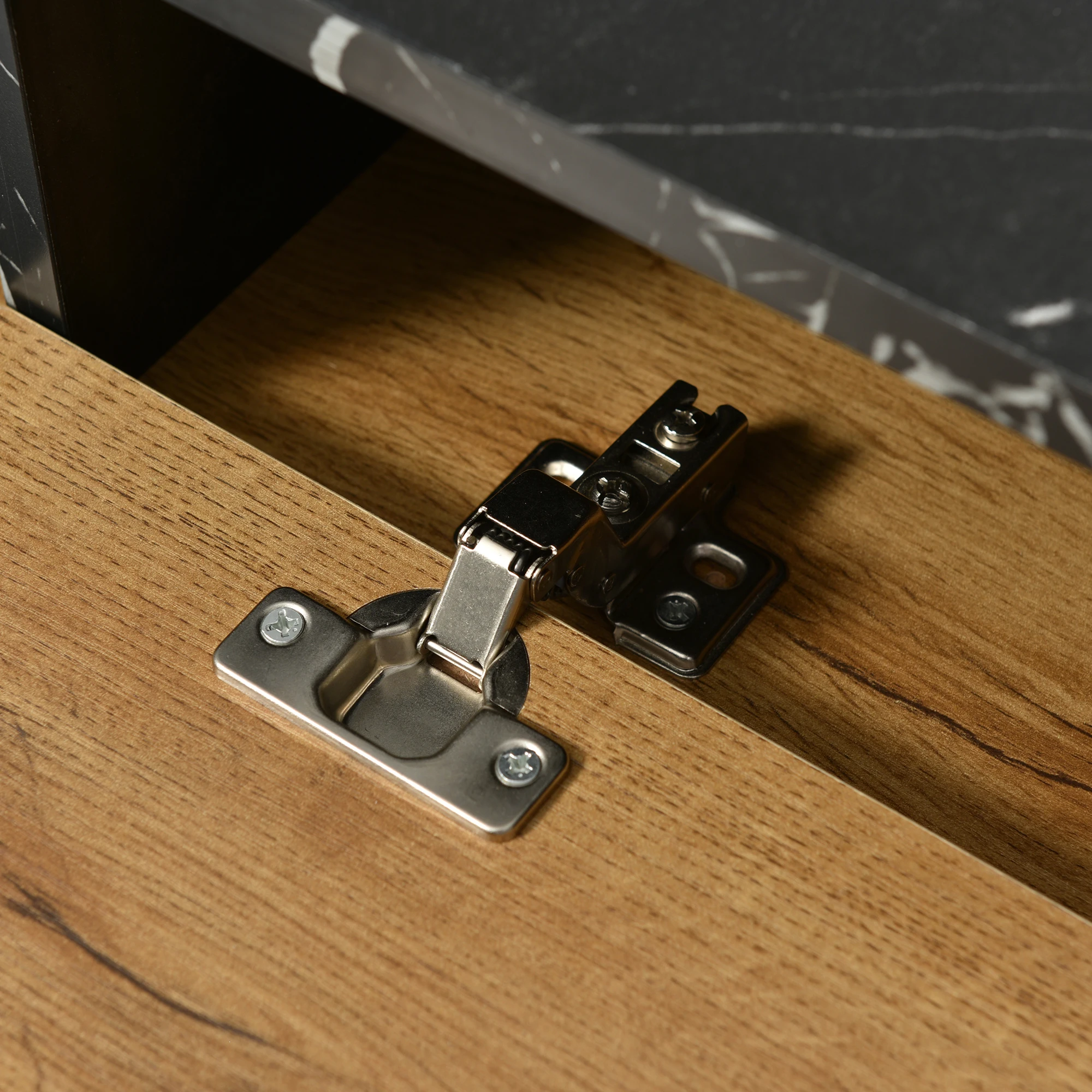 Modern TV Cabinet Stand with Marble and Wood Grain Design, PVC Edge, Iron Legs, Dark Wood Color, Home Decoration, Space Saving