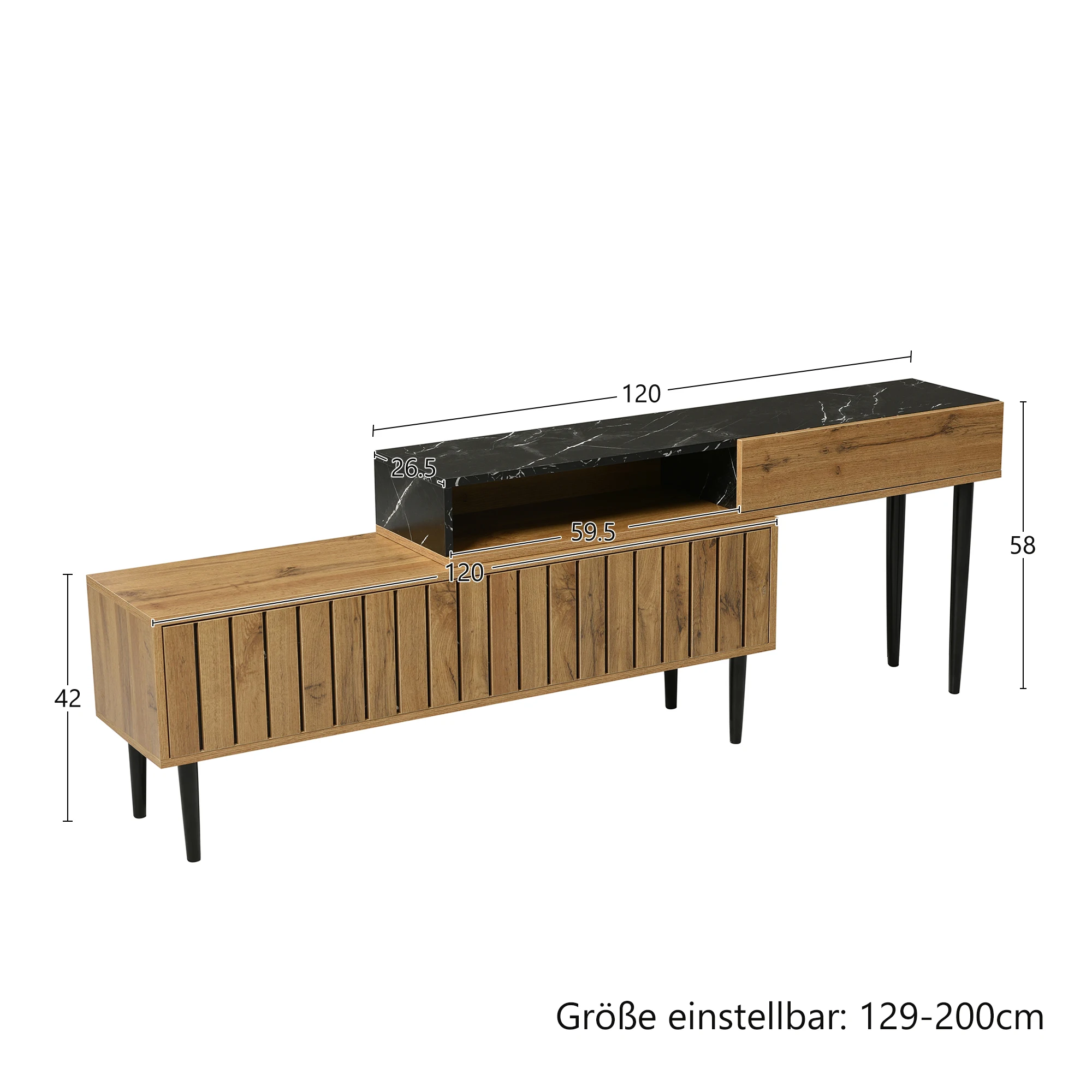Modern TV Cabinet Stand with Marble and Wood Grain Design, PVC Edge, Iron Legs, Dark Wood Color, Home Decoration, Space Saving