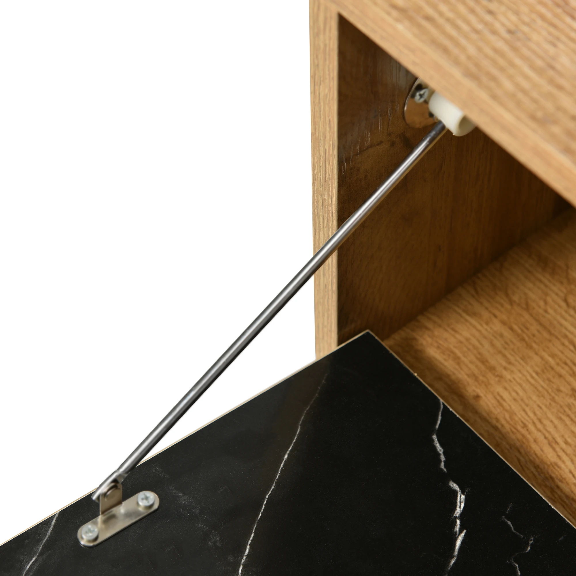 Modern TV Cabinet Stand with Marble and Wood Grain Design, PVC Edge, Iron Legs, Dark Wood Color, Home Decoration, Space Saving