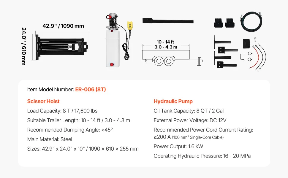 SucceBuy Hydraulic Dump Lift Kit 8/10T Dump Trailer Hydraulic Scissor Hoist Kit Hydraulic Dump Bed Kit with 12V Hydraulic Pump
