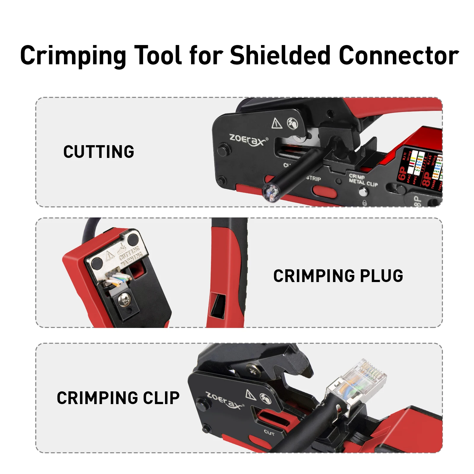 ZoeRax RJ45 Crimp Tool for Cat7 Cat6a Cat6 Cat5e Ethernet Connectors with wire stripping,cutting functions and Blade