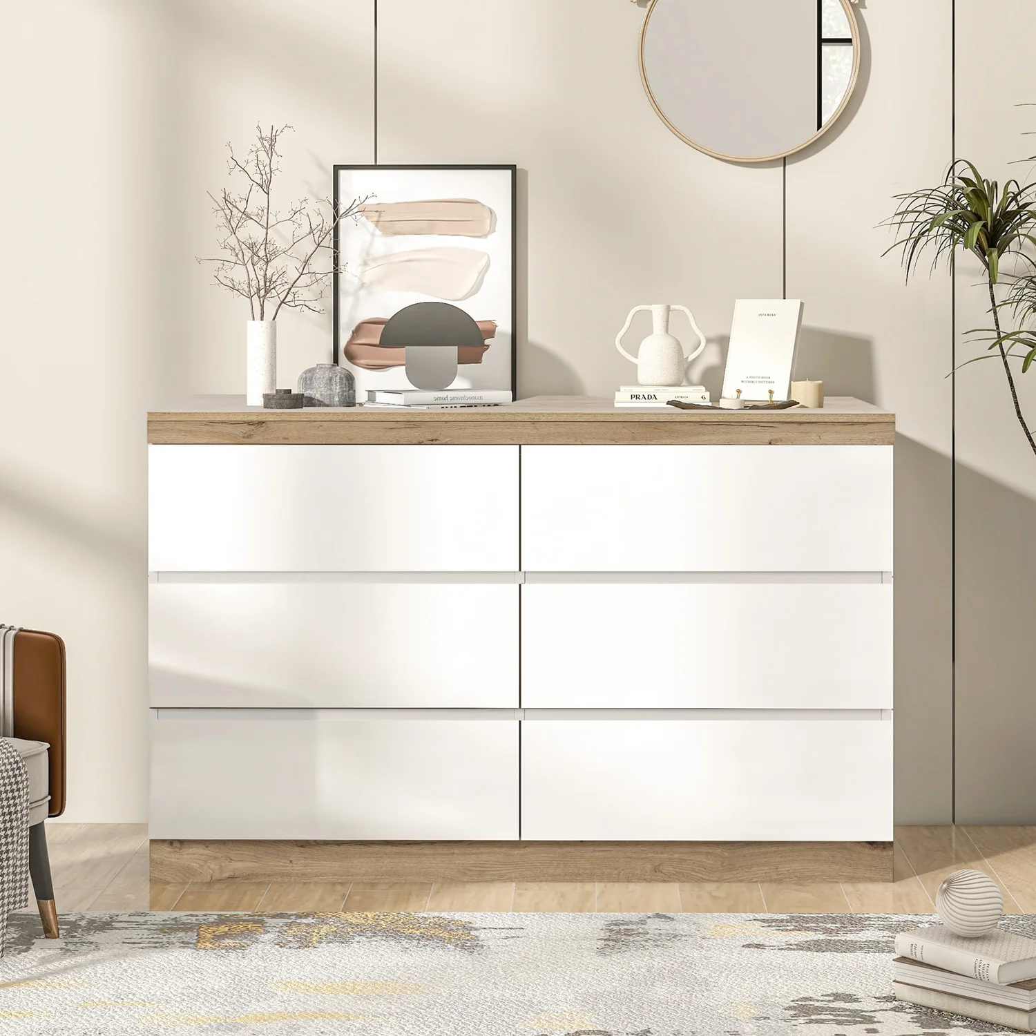 White Cabinet Clothes Dresser Wood Oak Storage Drawers Wardrobe Chest Closet TV Cabinet for Hallway Bedroom Living Room