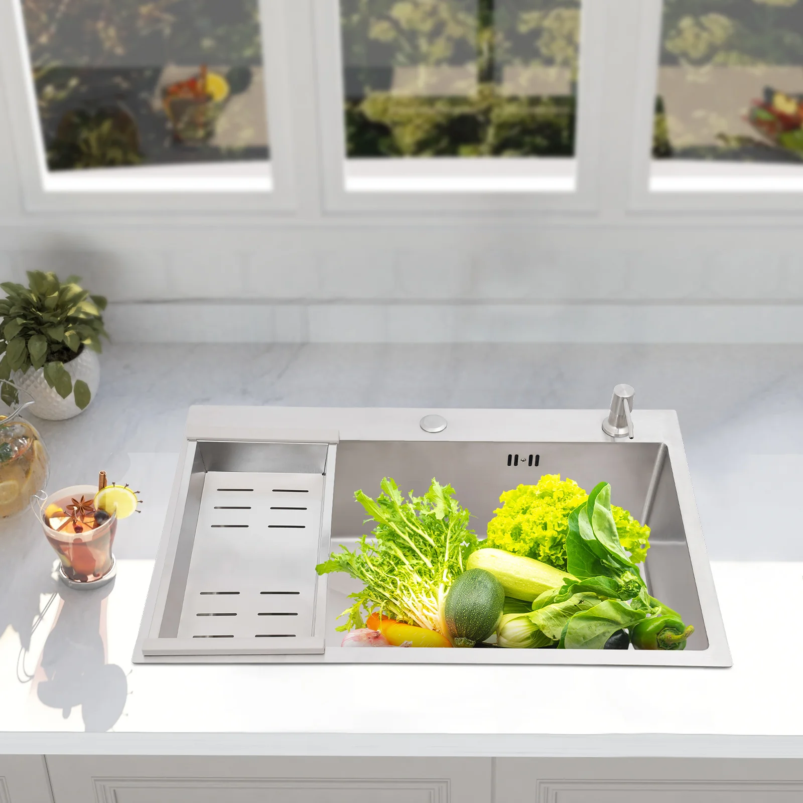 68×45cm Sink with V-shaped Drainer and Drain Basket and Soap Dispenser Anti-overflow Kitchen Sink Stainless Steel Sink