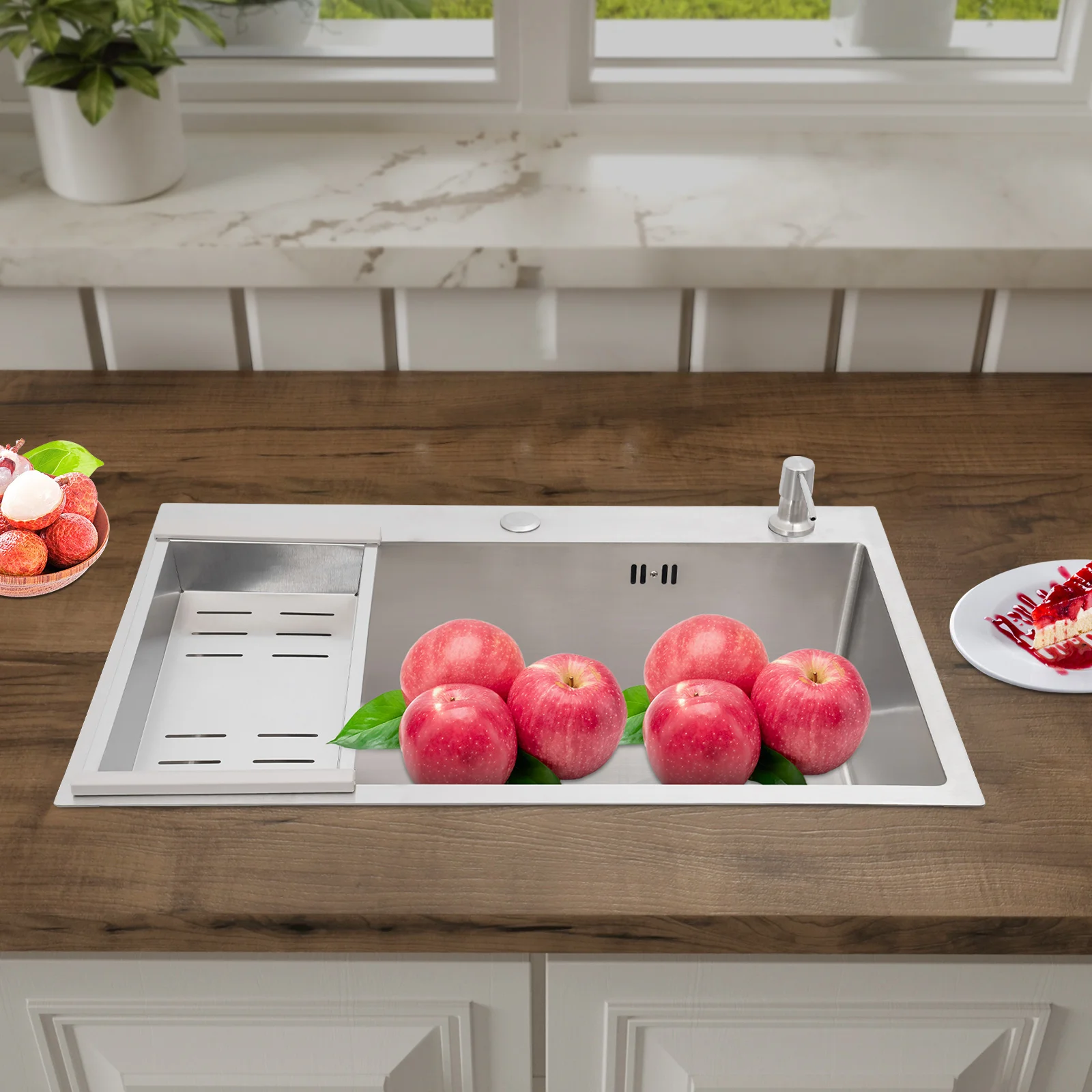 68×45cm Sink with V-shaped Drainer and Drain Basket and Soap Dispenser Anti-overflow Kitchen Sink Stainless Steel Sink