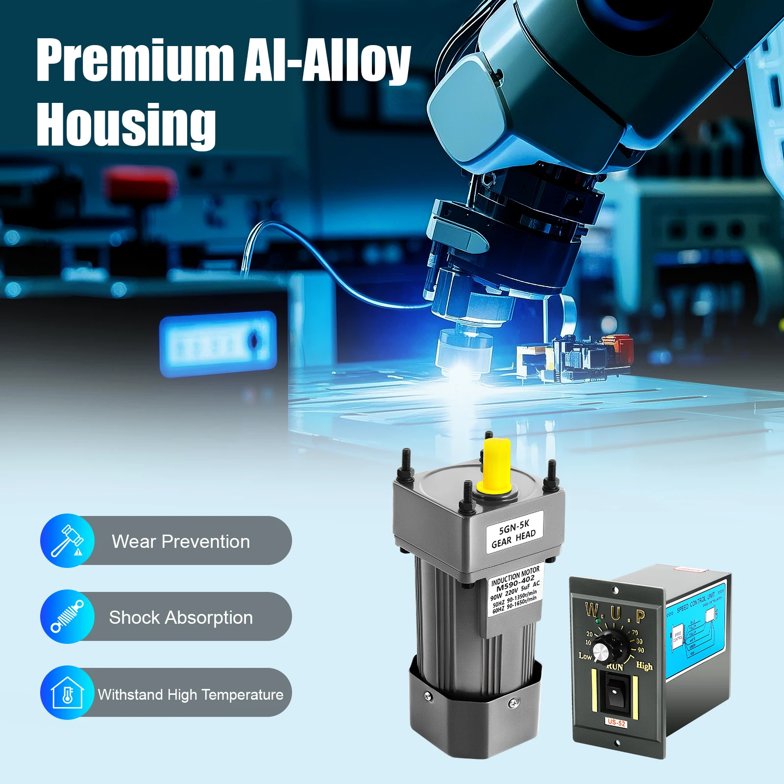 90W 220V 5K AC Gear Motor Electric Speed W/ Variable Speed Adjustable Controller IP54 0-90r/Min Around 60db Low Noise