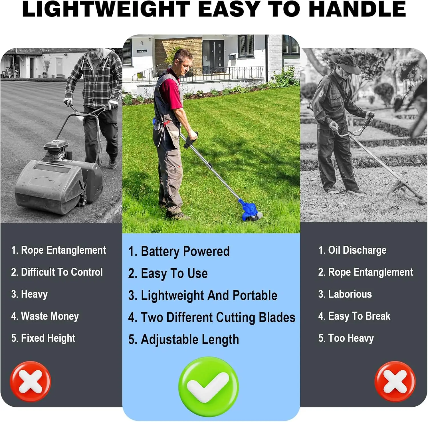 21V Cordless Grass Trimmer Electric Weed Eater, Adjustable Length Lawn Mower, Lightweight Battery Powered Grass Cutter for Garden Backyard Yard Weeding
