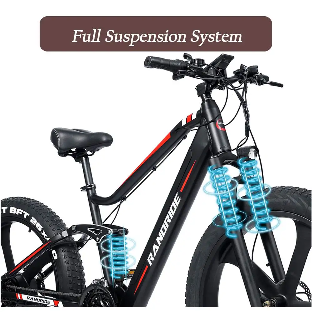 RANDRIDE YX90M Electric Bike, 26'' Fat Tire, 1000W Brushless Motor, 48V13.6Ah Battery, 45km/h Max Speed, 100km Range,
