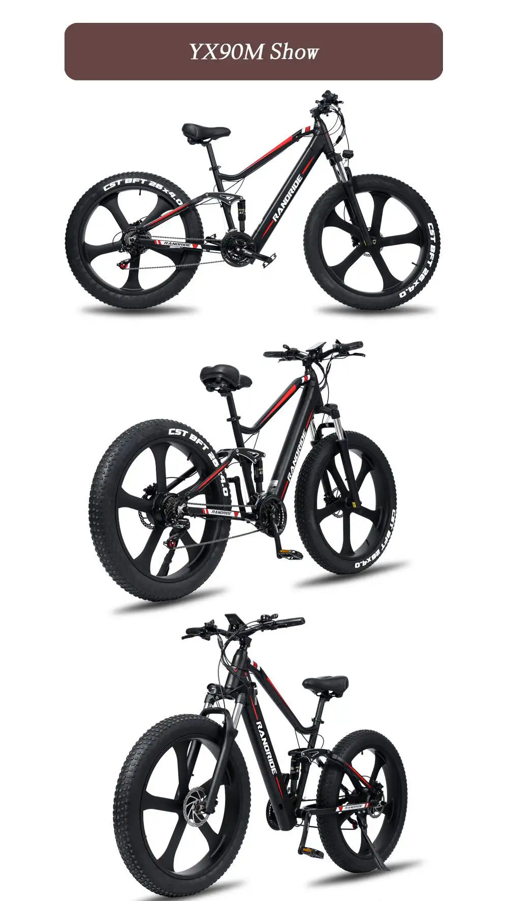 RANDRIDE YX90M Electric Bike, 26'' Fat Tire, 1000W Brushless Motor, 48V13.6Ah Battery, 45km/h Max Speed, 100km Range,