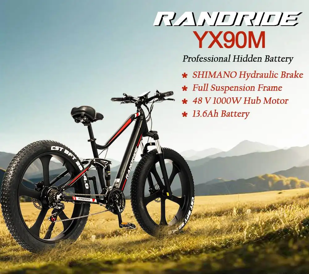 RANDRIDE YX90M Electric Bike, 26'' Fat Tire, 1000W Brushless Motor, 48V13.6Ah Battery, 45km/h Max Speed, 100km Range,