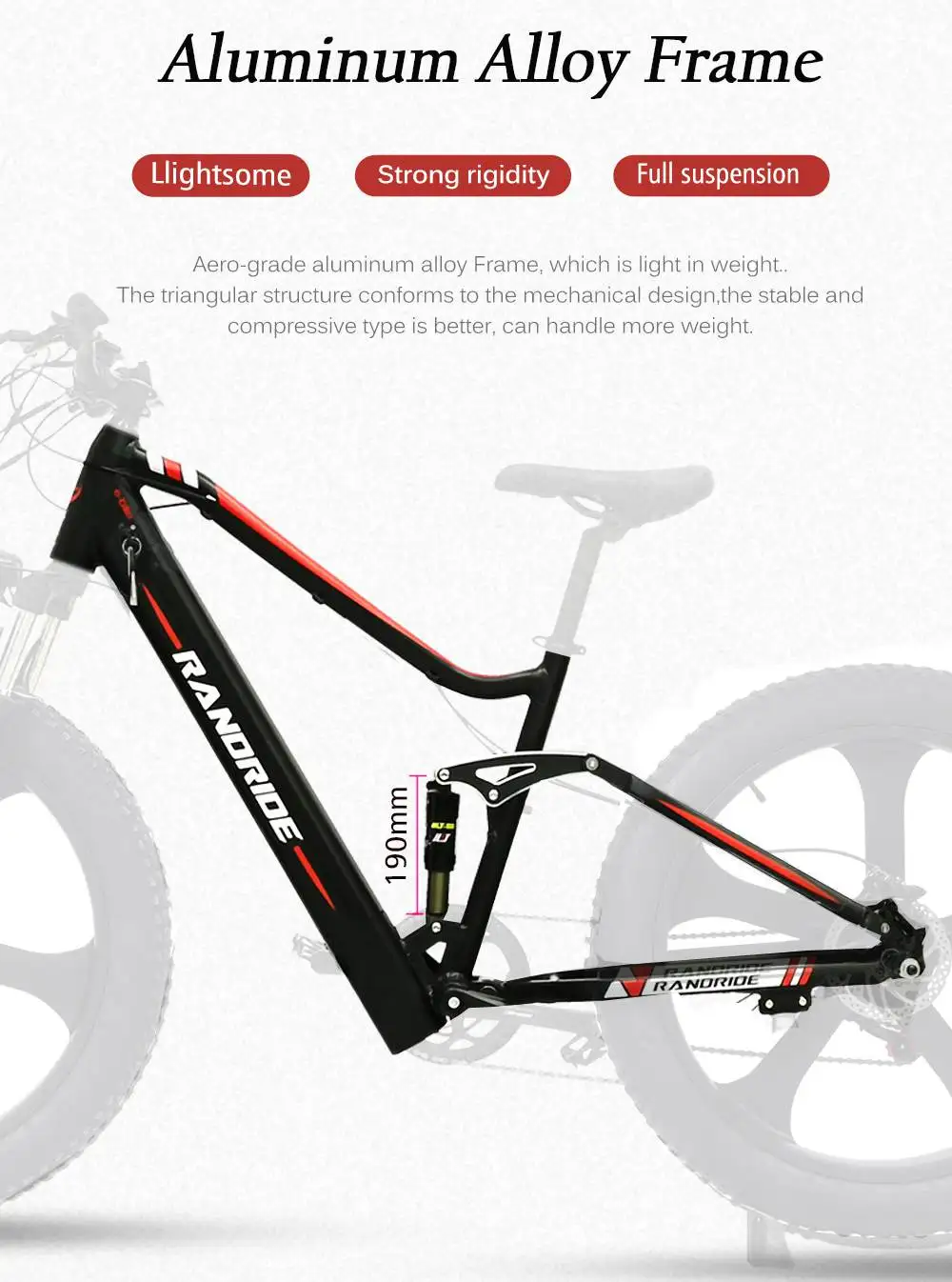 RANDRIDE YX90M Electric Bike, 26'' Fat Tire, 1000W Brushless Motor, 48V13.6Ah Battery, 45km/h Max Speed, 100km Range,