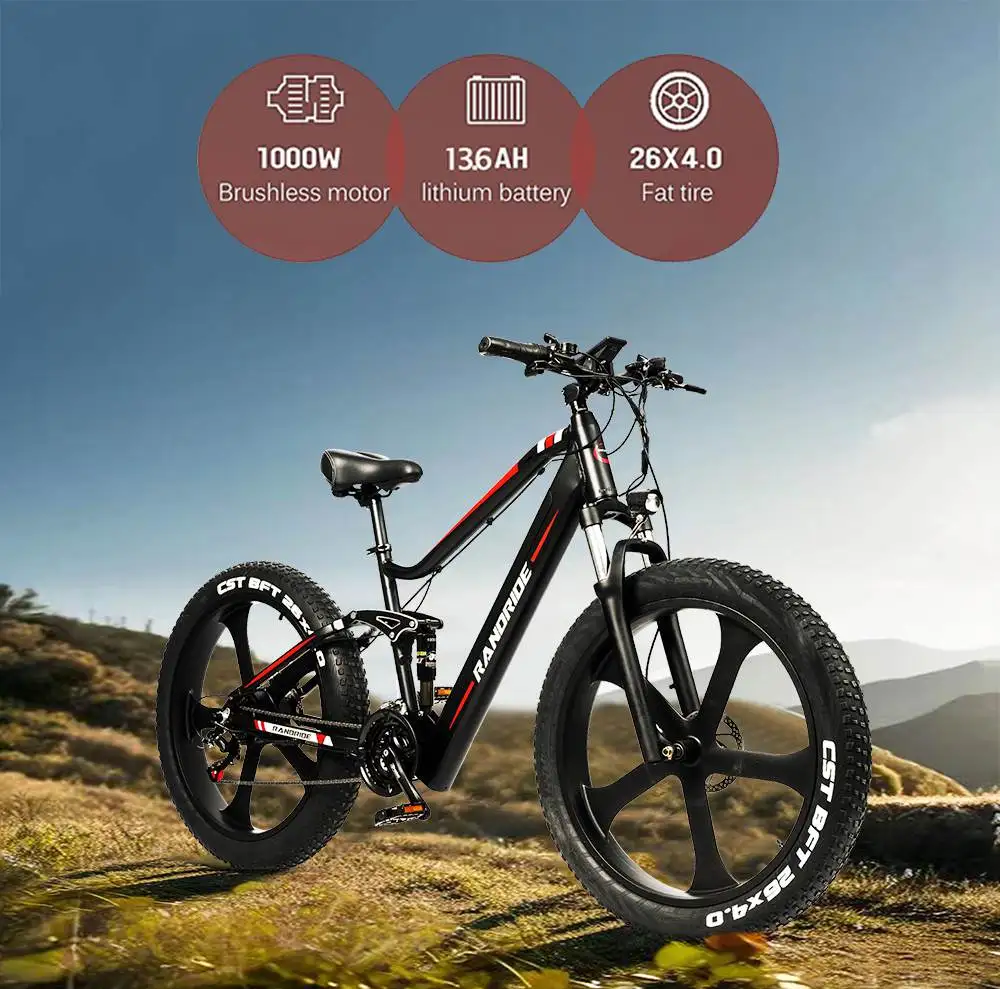 RANDRIDE YX90M Electric Bike, 26'' Fat Tire, 1000W Brushless Motor, 48V13.6Ah Battery, 45km/h Max Speed, 100km Range,