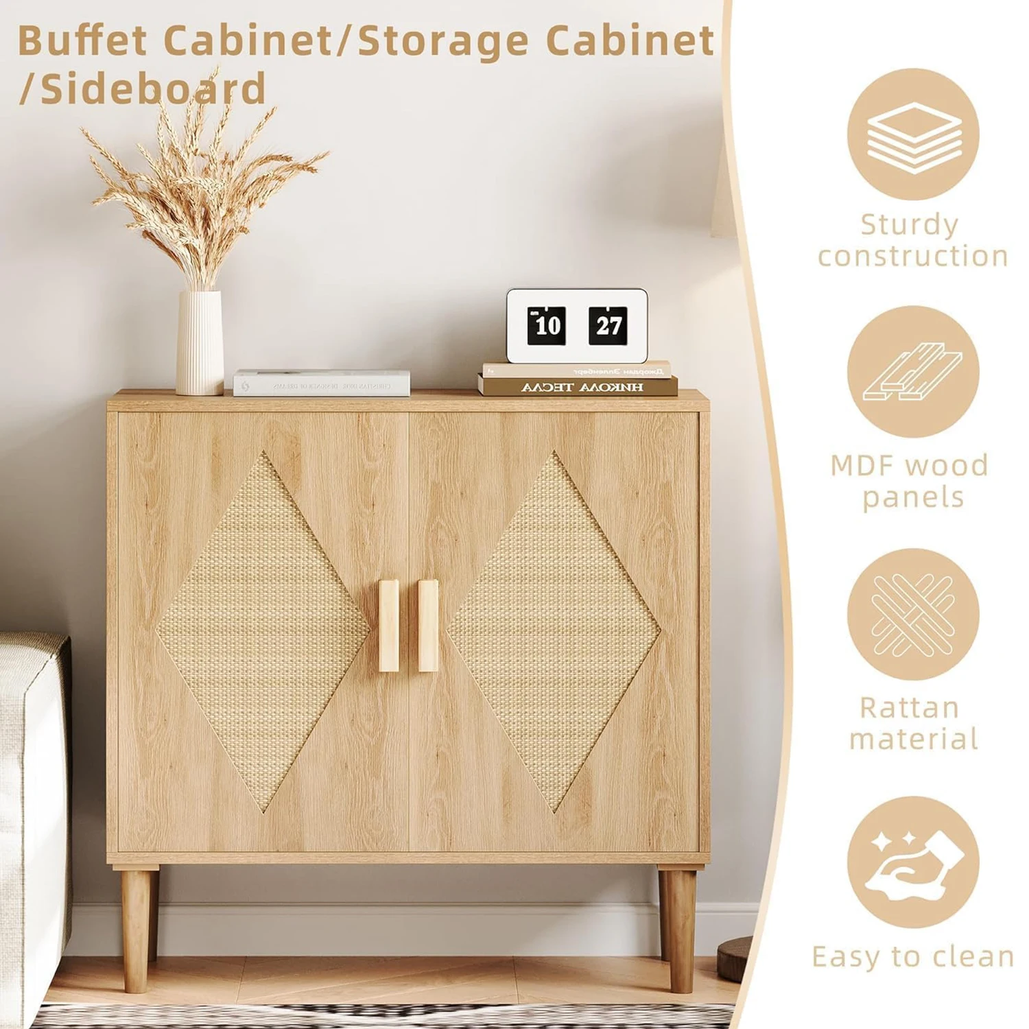 Kitchen Storage Sideboard with Woven Rattan Decorated Doors Liquor Coffee Buffet Cabinet for Living Room, Kitchen, Entryway