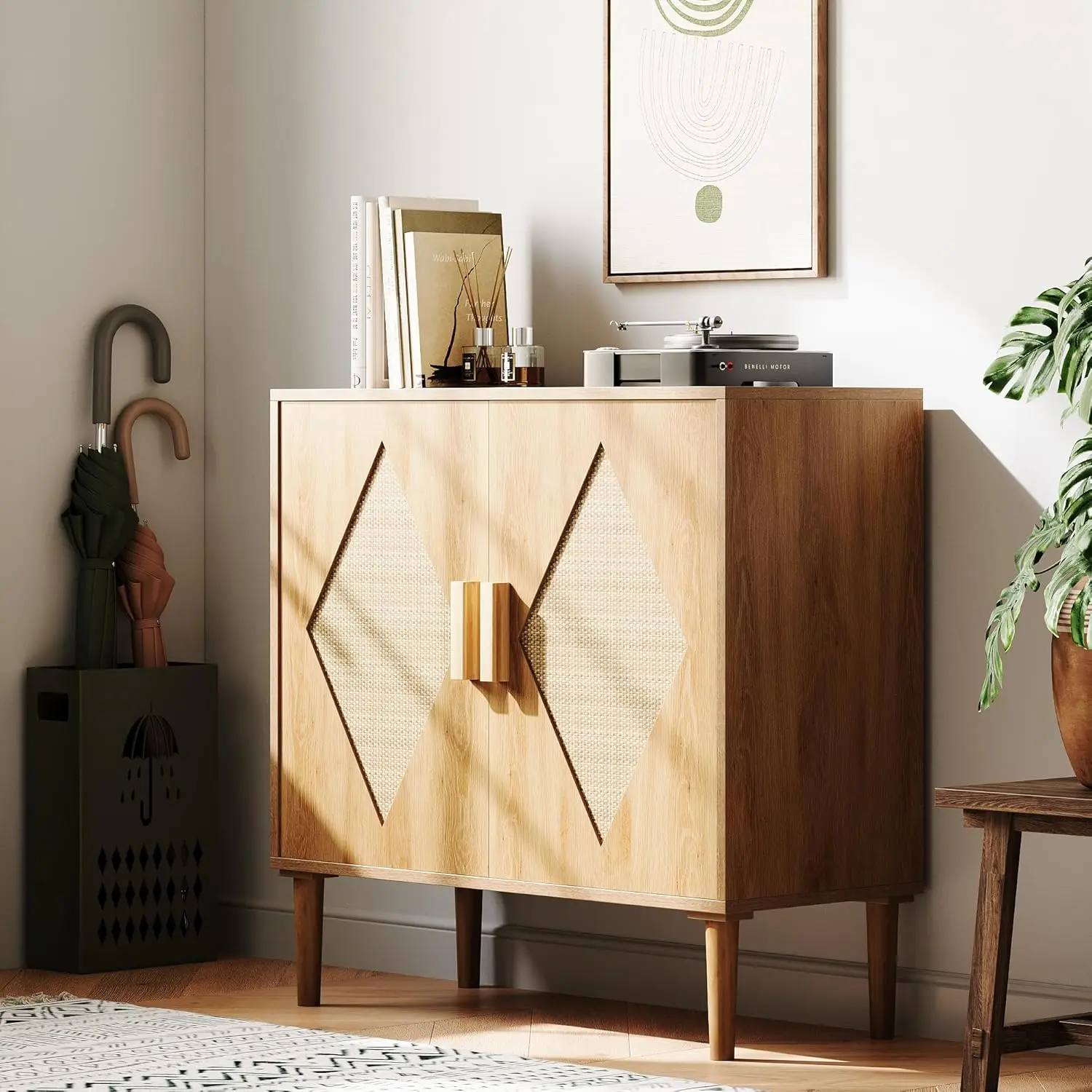 Kitchen Storage Sideboard with Woven Rattan Decorated Doors Liquor Coffee Buffet Cabinet for Living Room, Kitchen, Entryway
