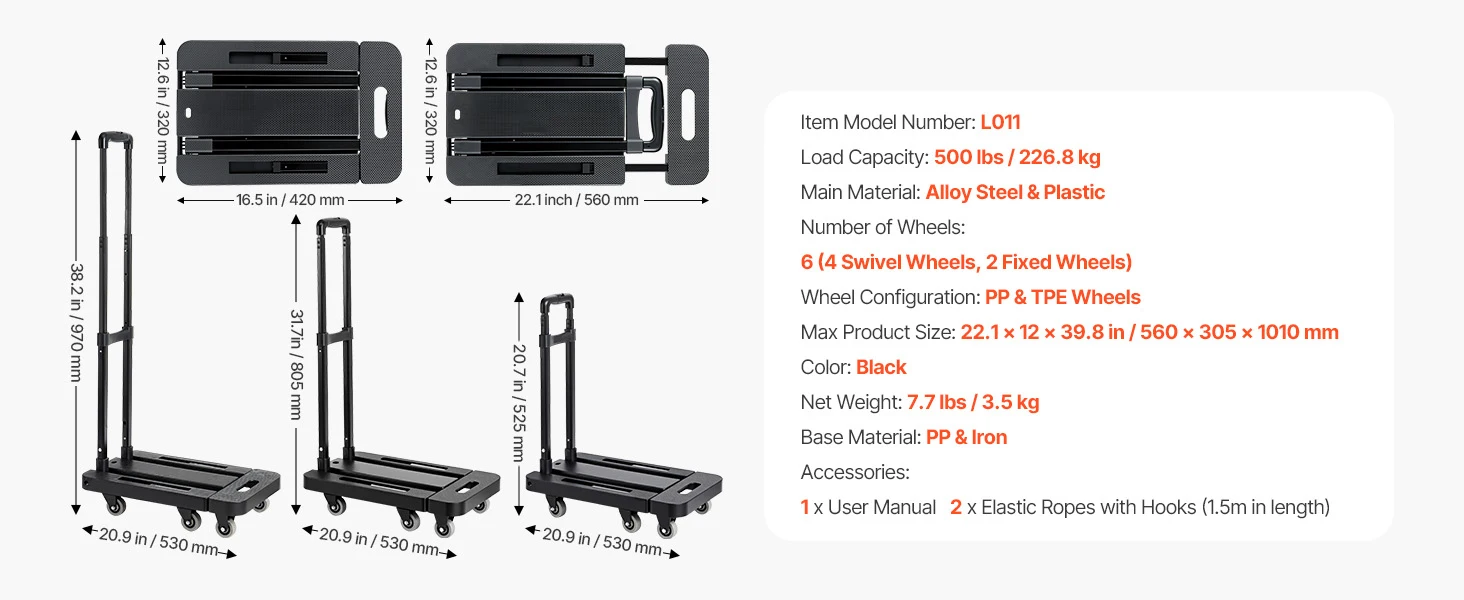 SucceBuy 500LBS Folding Hand Truck Collapsible Utility Dolly with Expandable Base & Wheels Platform Cart for Box Luggage Moving