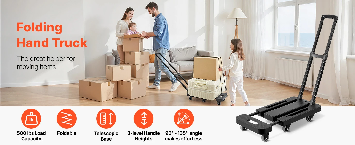 SucceBuy 500LBS Folding Hand Truck Collapsible Utility Dolly with Expandable Base & Wheels Platform Cart for Box Luggage Moving