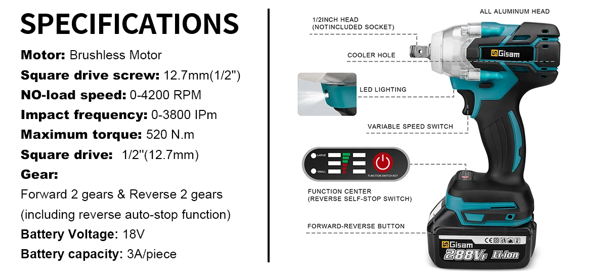 Gisam 520n.M Brushless Electric Impact Wrench 1/2 In Li-on Battery for Automotive Repair Power Tools for Makita 18V Battery Pins