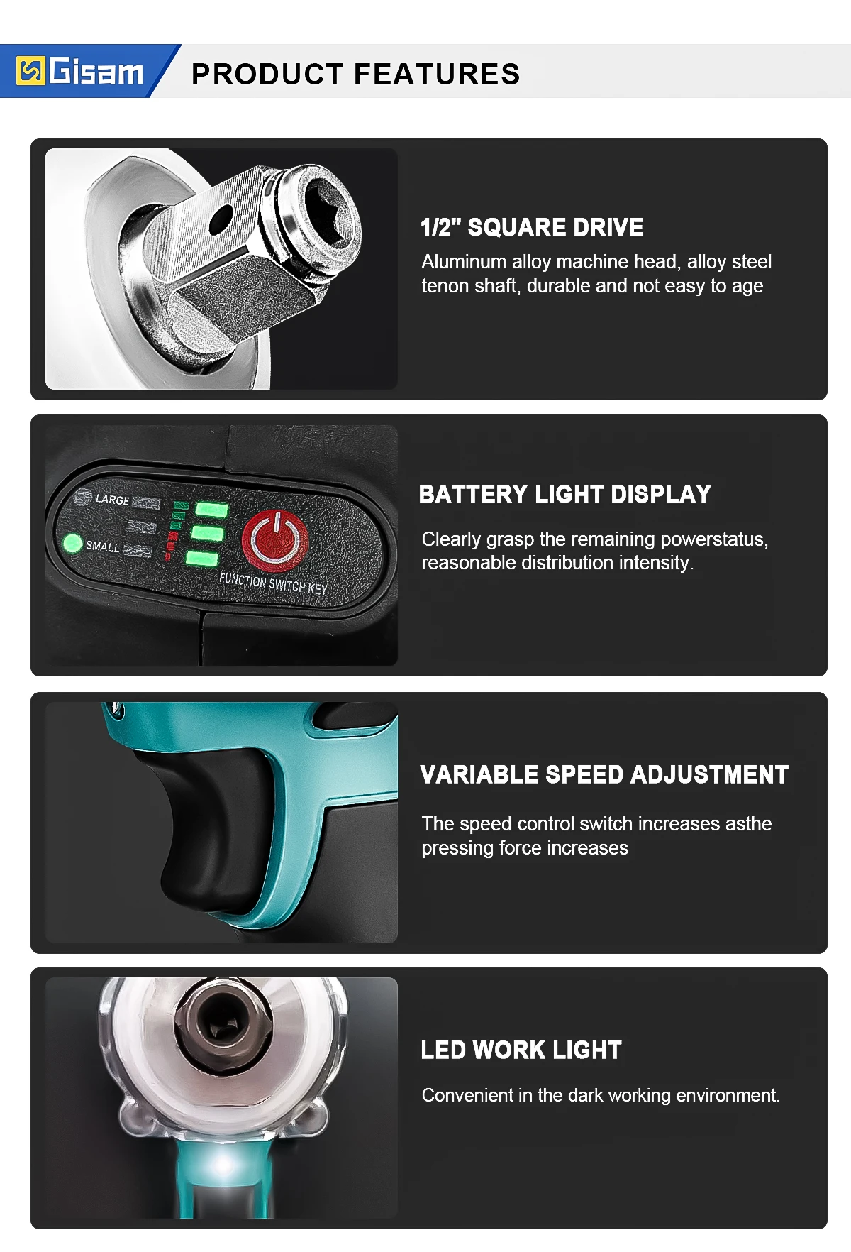 Gisam 520n.M Brushless Electric Impact Wrench 1/2 In Li-on Battery for Automotive Repair Power Tools for Makita 18V Battery Pins