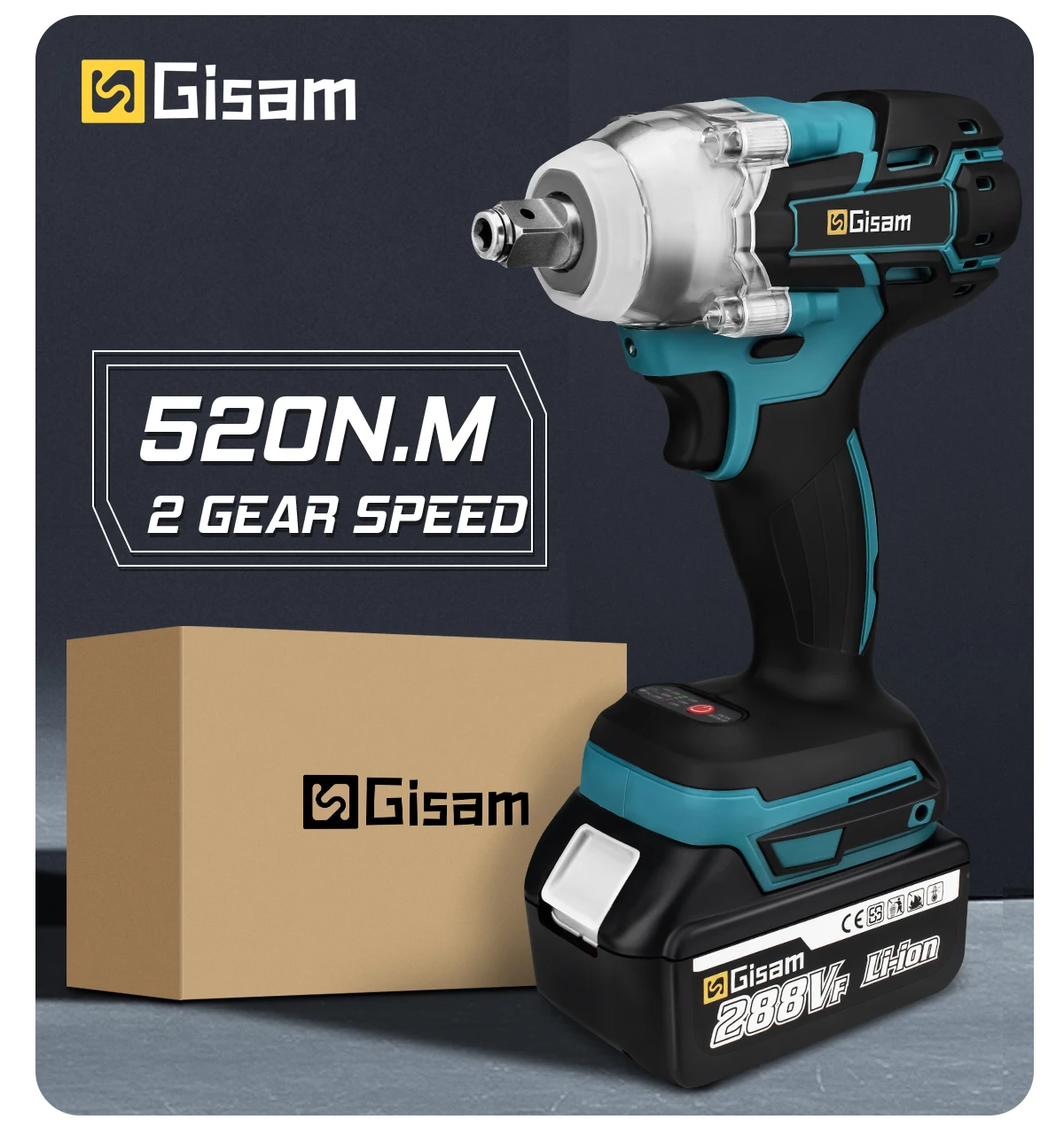 Gisam 520n.M Brushless Electric Impact Wrench 1/2 In Li-on Battery for Automotive Repair Power Tools for Makita 18V Battery Pins